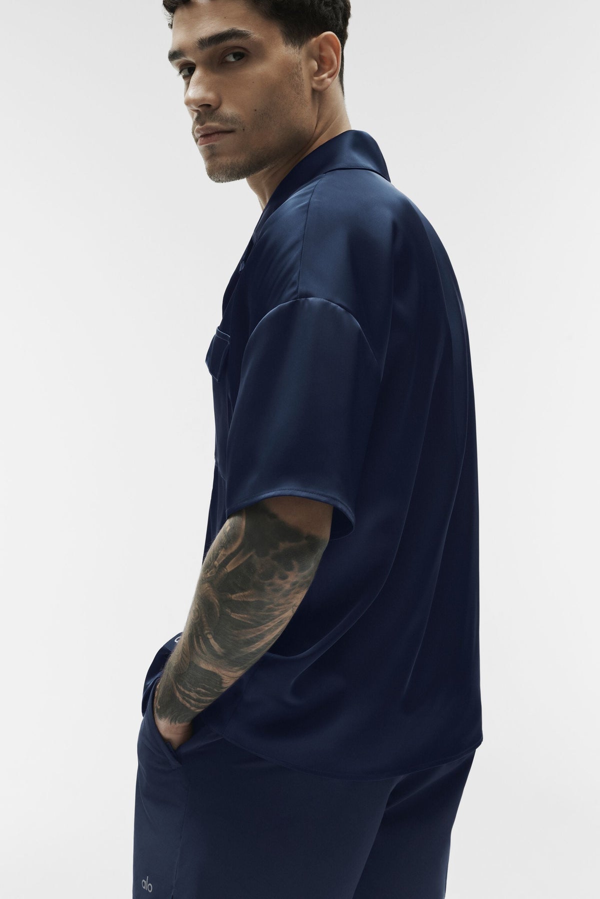 Chemise à manches courtes Horizon en satin - Bleu marine