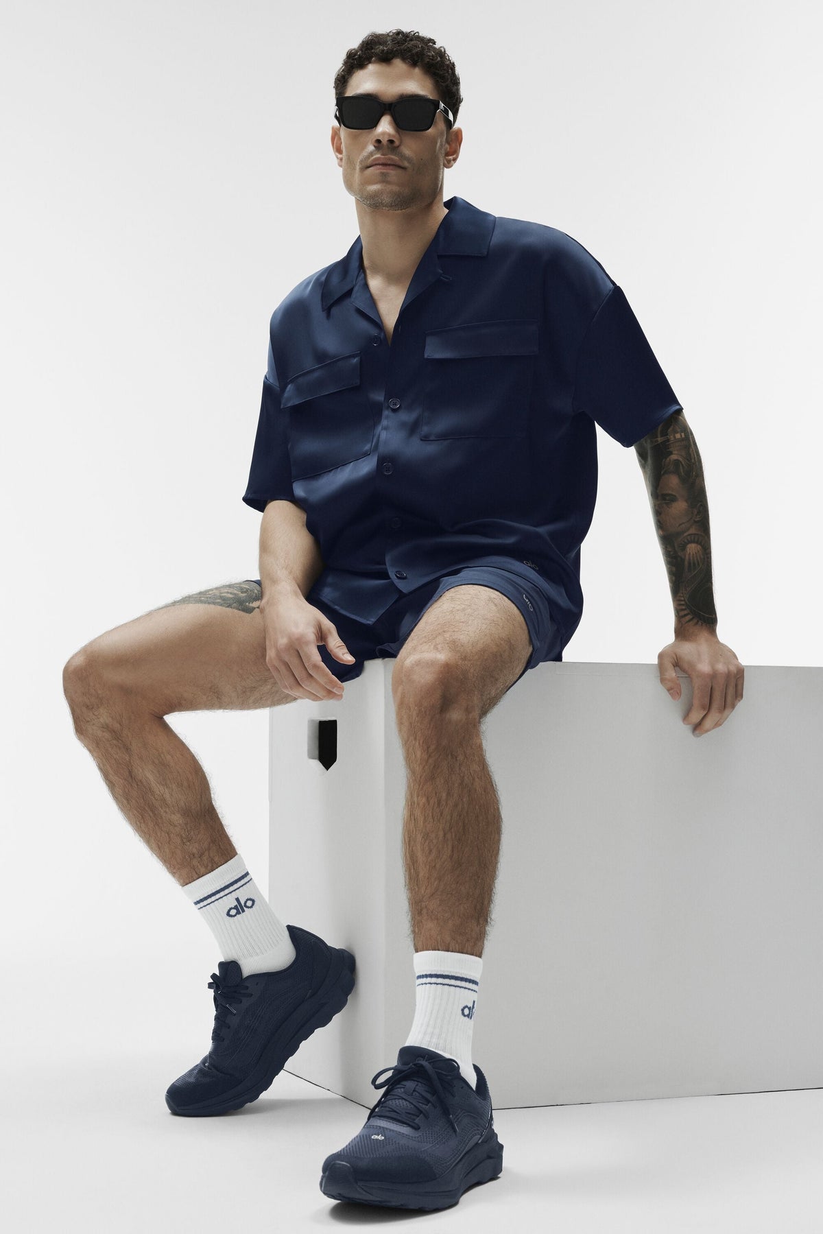 Chemise à manches courtes Horizon en satin - Bleu marine