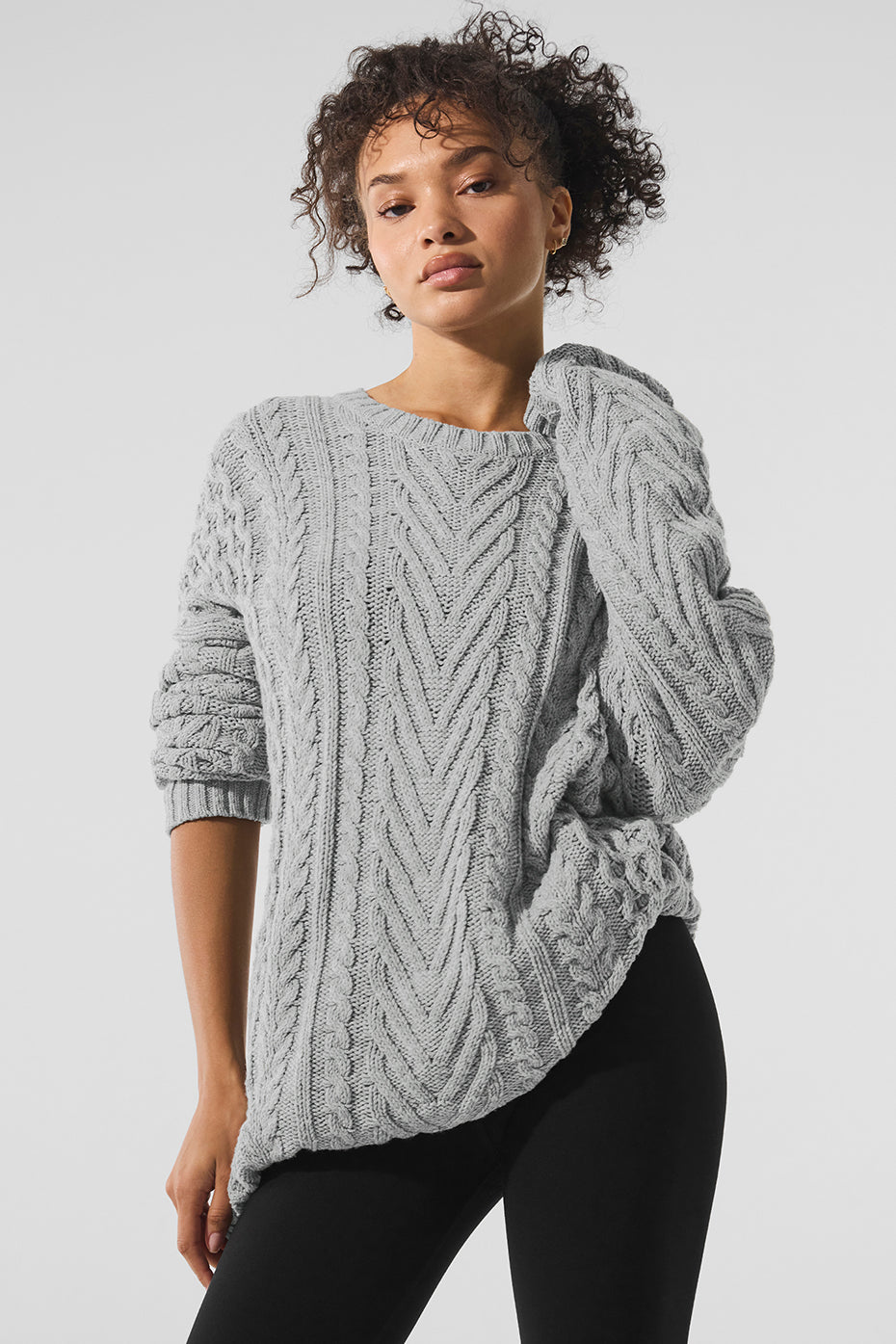 Pull à col rond en maille torsadée - Gris chiné sport