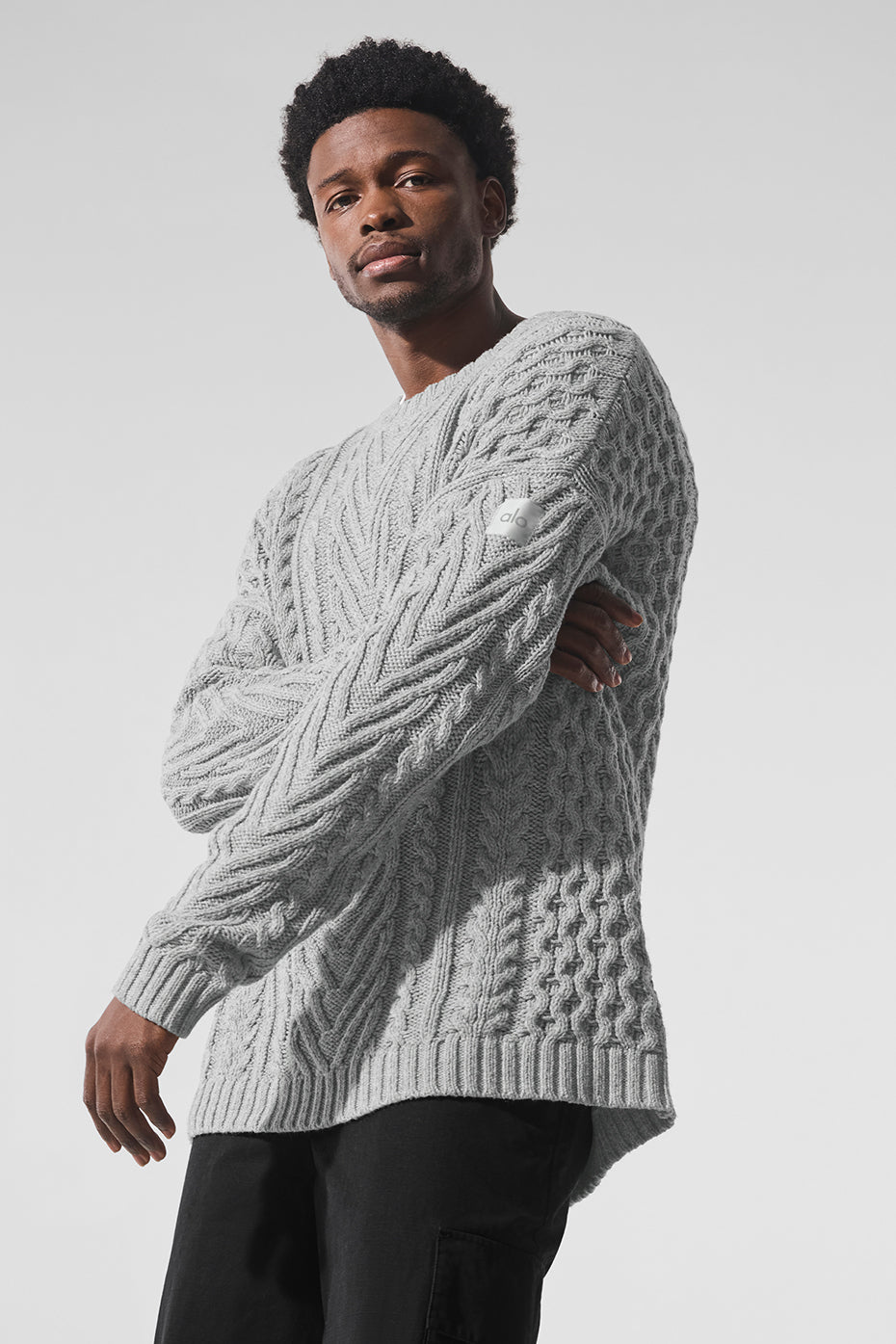 Pull à col rond en maille torsadée - Gris chiné sport