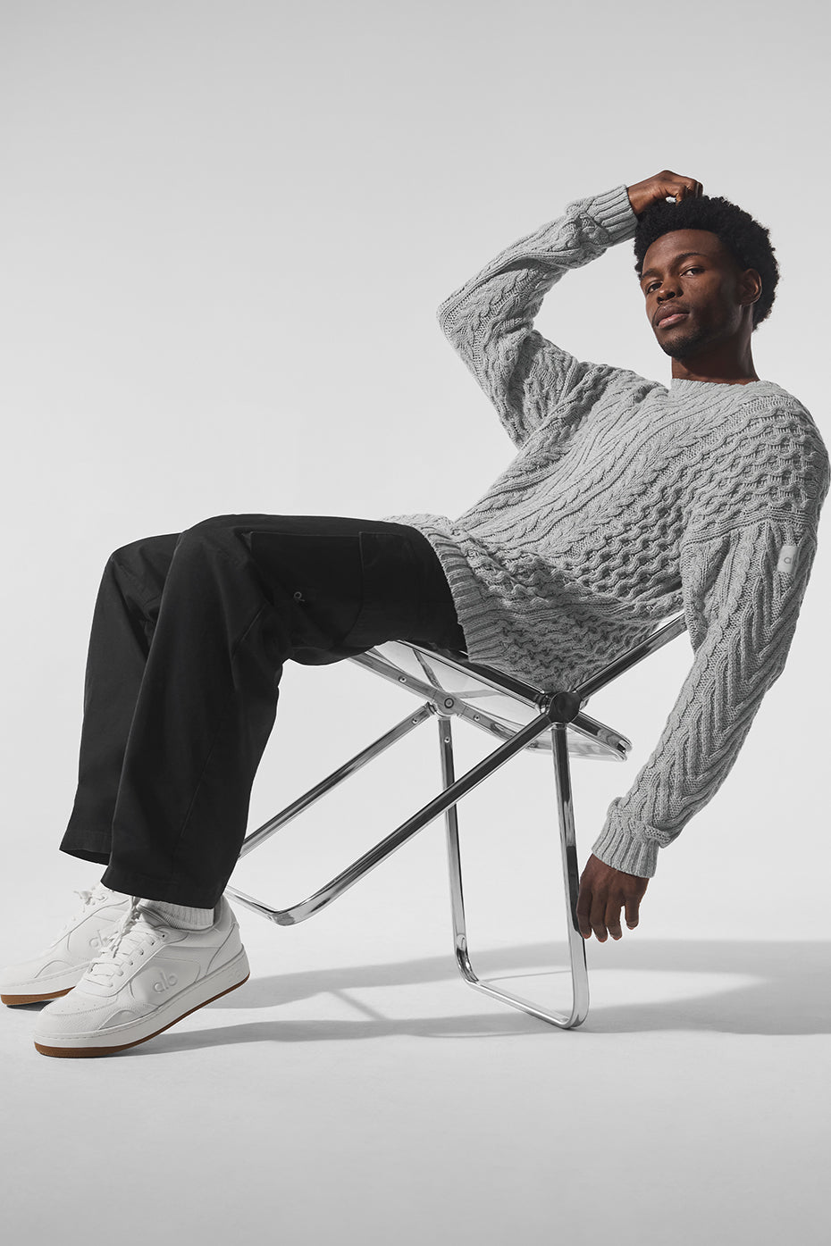 Pull à col rond en maille torsadée - Gris chiné sport