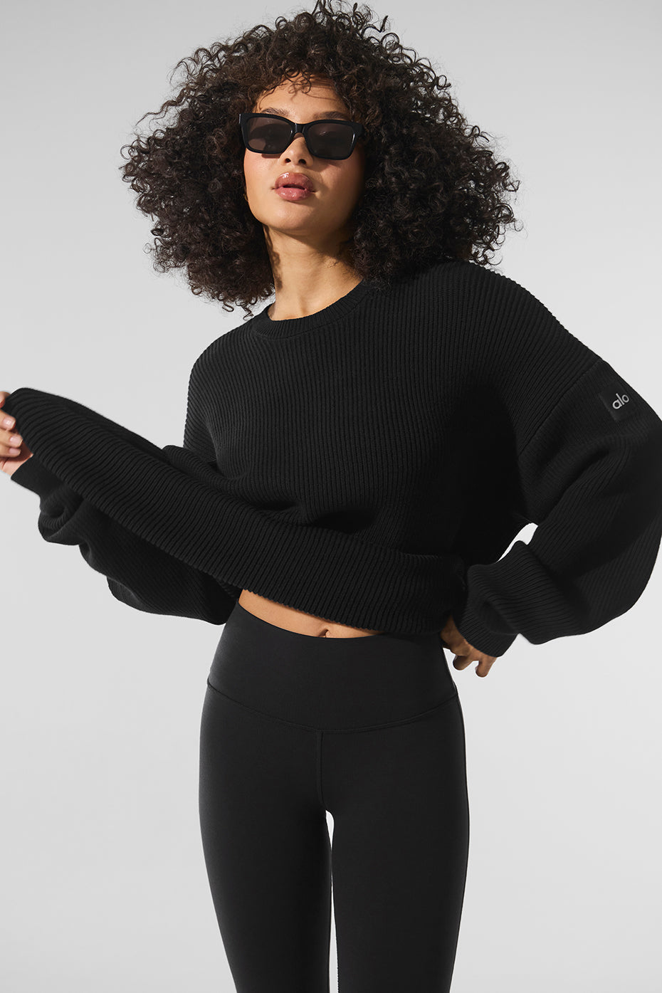 Pull à col rond Domain en maille côtelée - Noir