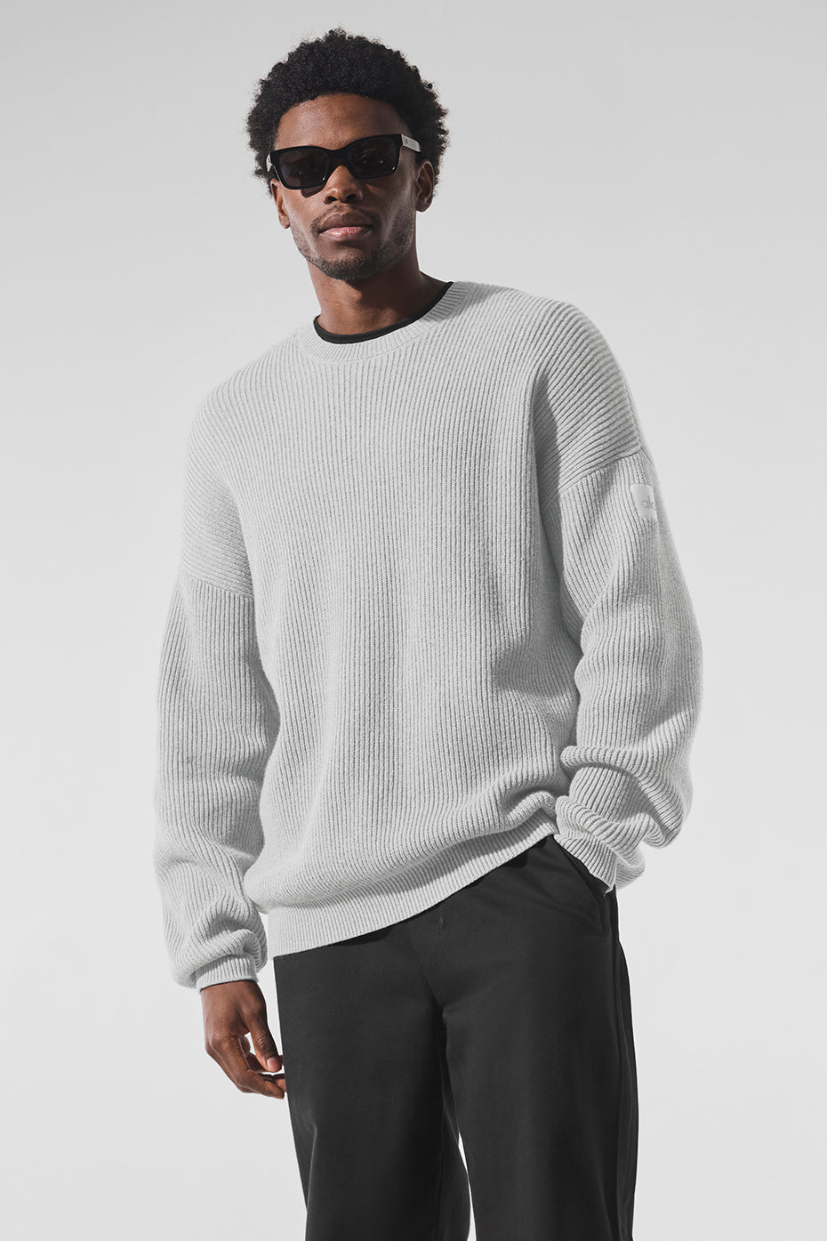 Pull à col rond Domain en maille côtelée - Gris chiné sport