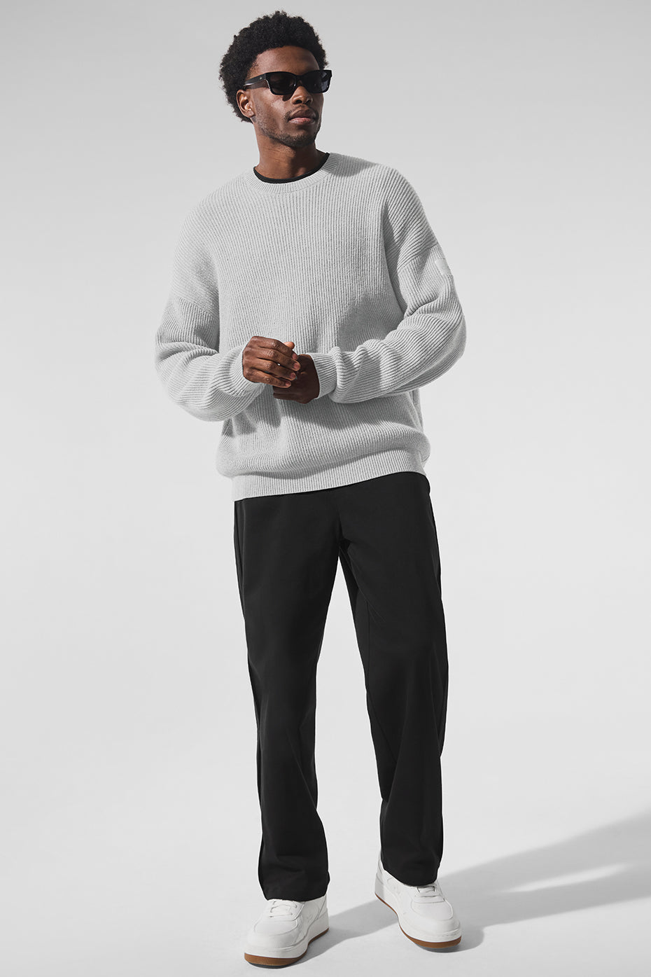 Pull à col rond Domain en maille côtelée - Gris chiné sport