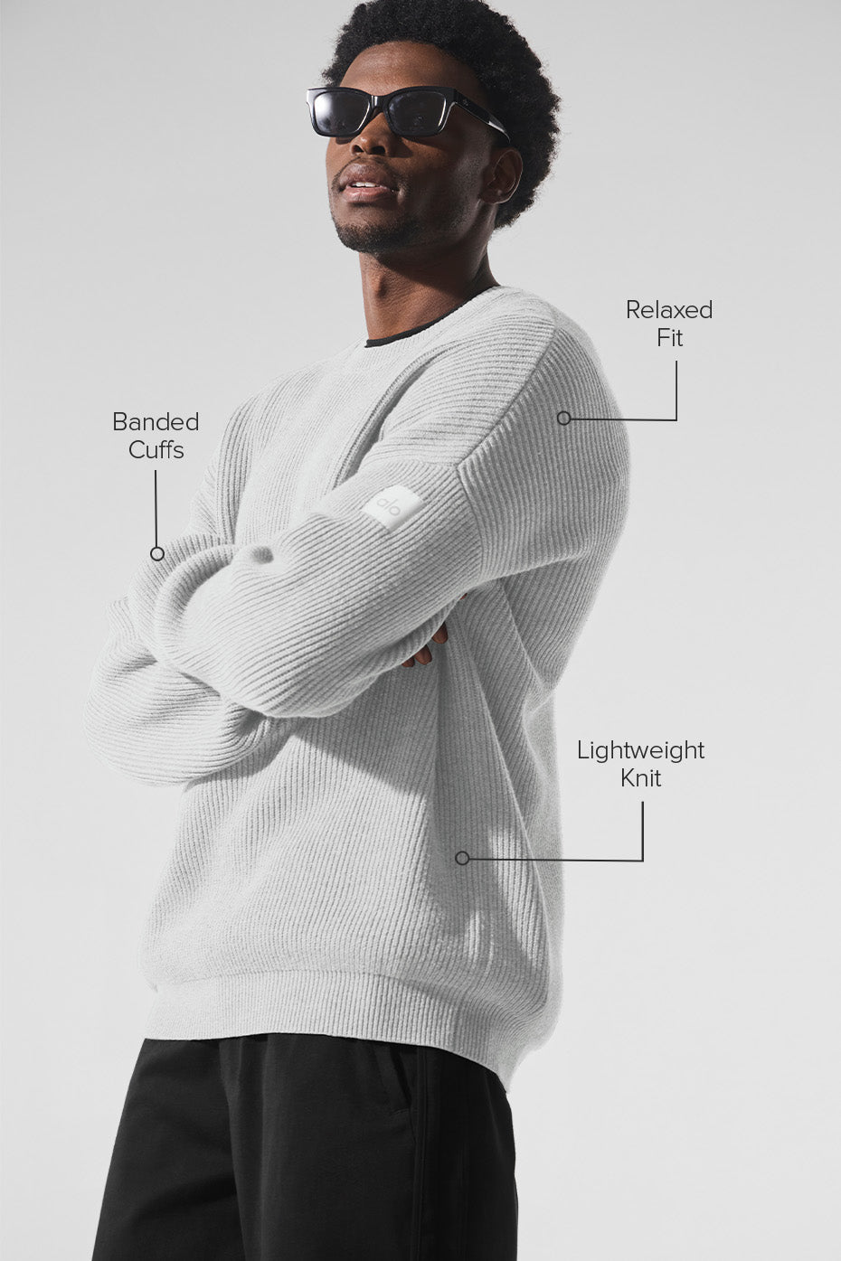Pull à col rond Domain en maille côtelée - Gris chiné sport