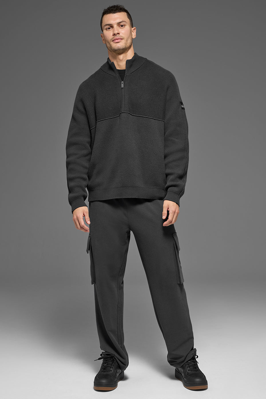 Pull à col zippé 1/4 Domain Shift en maille côtelée - Anthracite