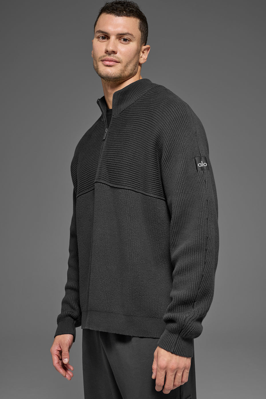 Pull à col zippé 1/4 Domain Shift en maille côtelée - Anthracite