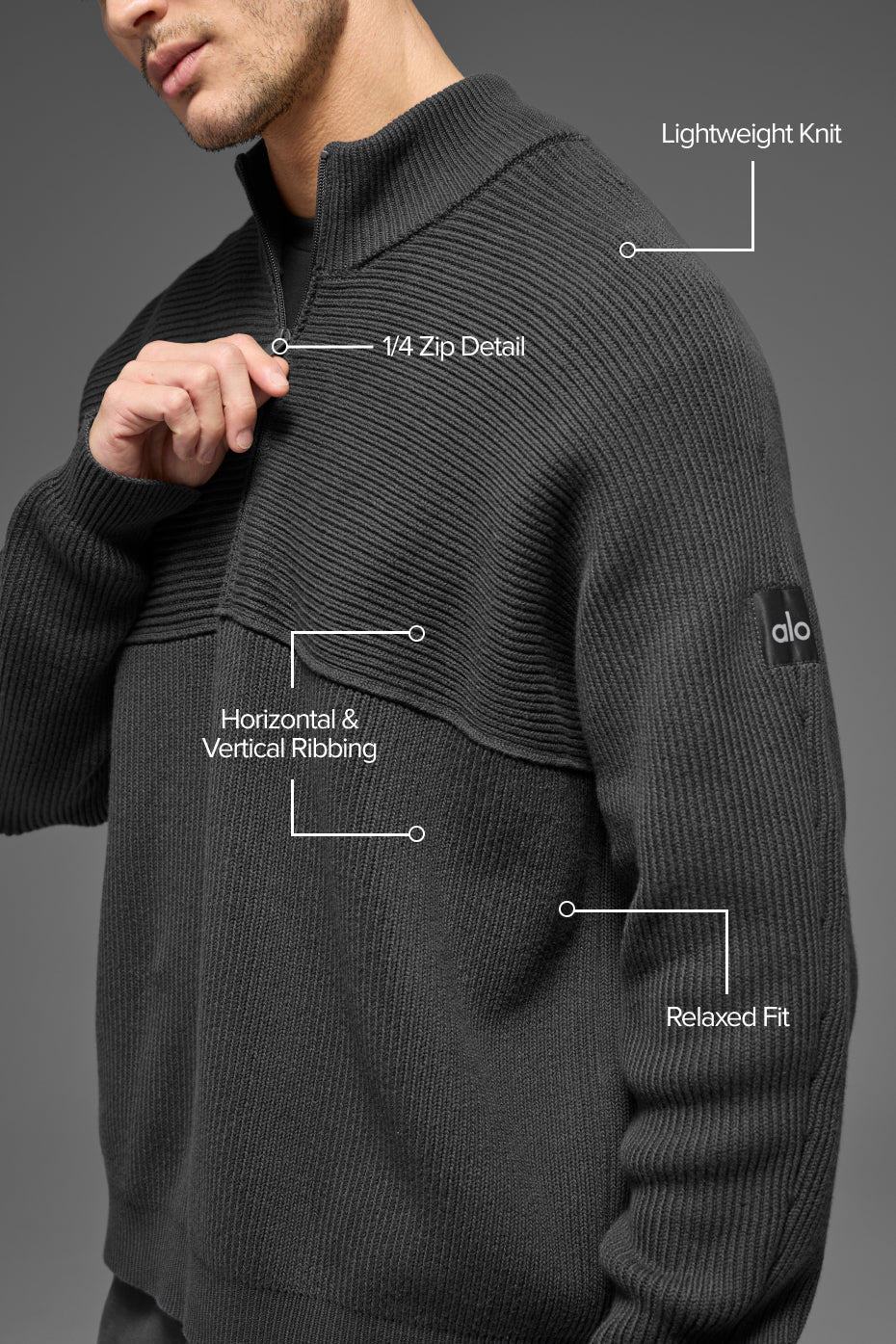 Pull à col zippé 1/4 Domain Shift en maille côtelée - Anthracite