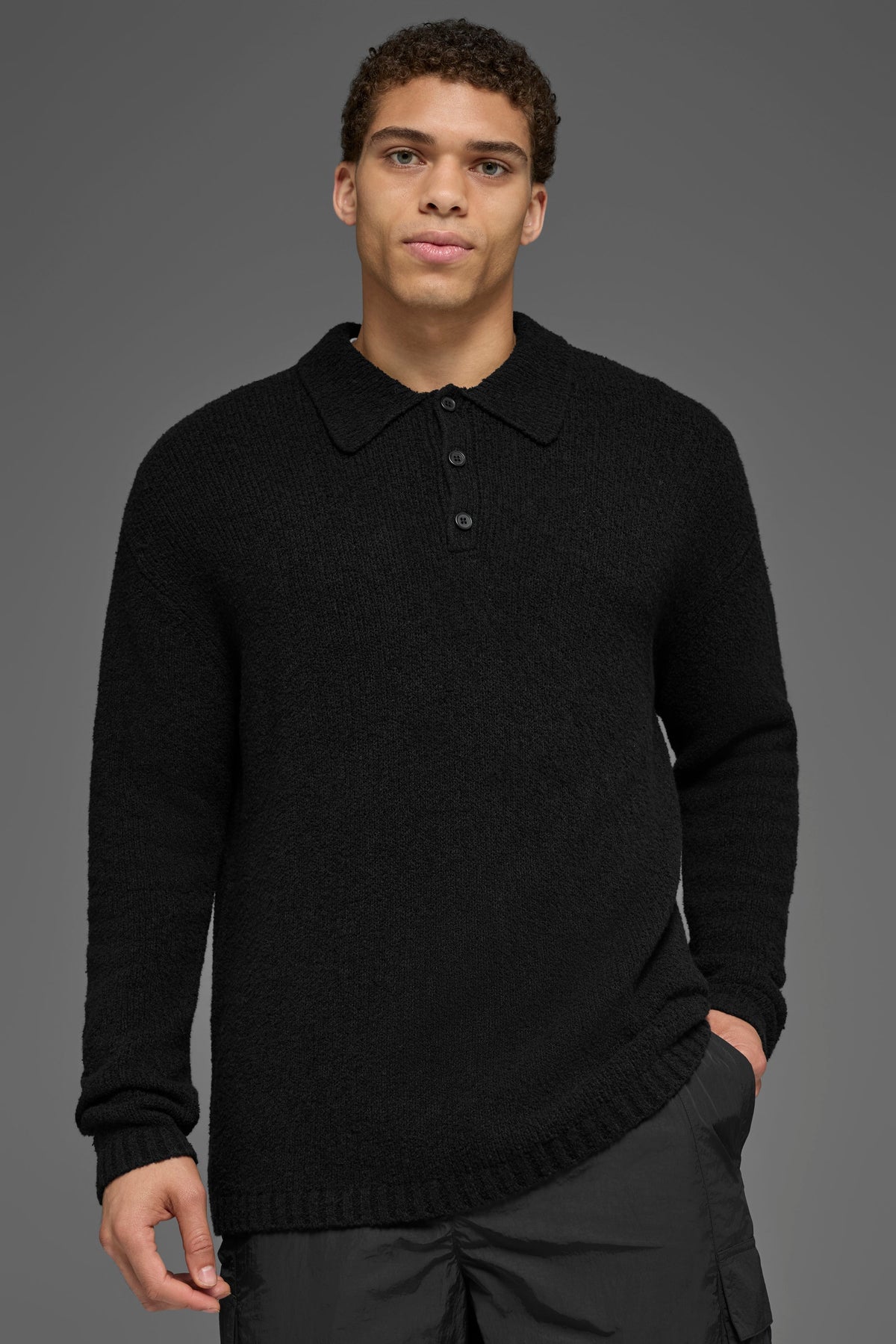 Polo à manches longues en maille texturée - Noir