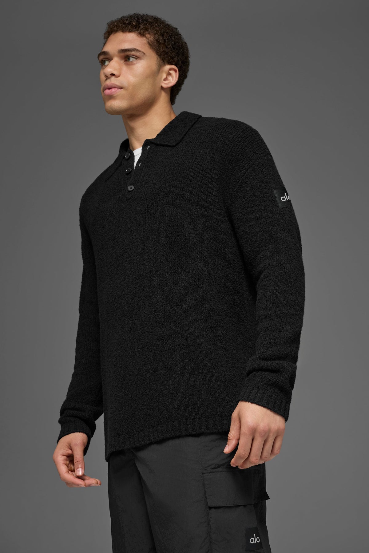 Polo à manches longues en maille texturée - Noir