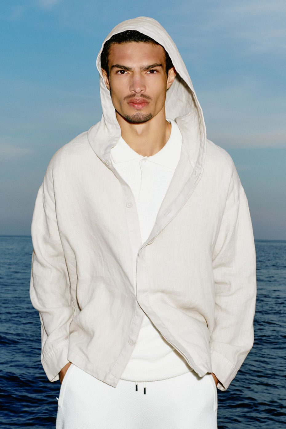 Sweat à capuche boutonné Linen Days - Écru