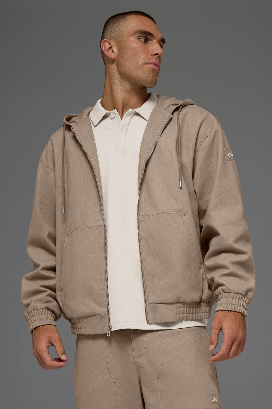 Sweat à capuche entièrement zippé en toile de coton - Gravier