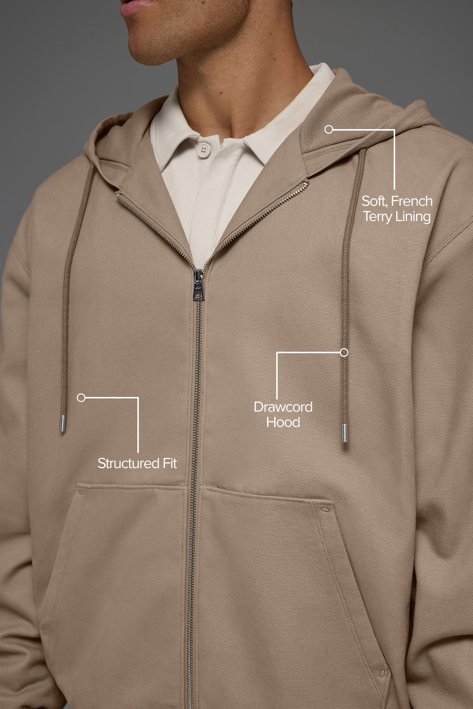 Sweat à capuche entièrement zippé en toile de coton - Gravier