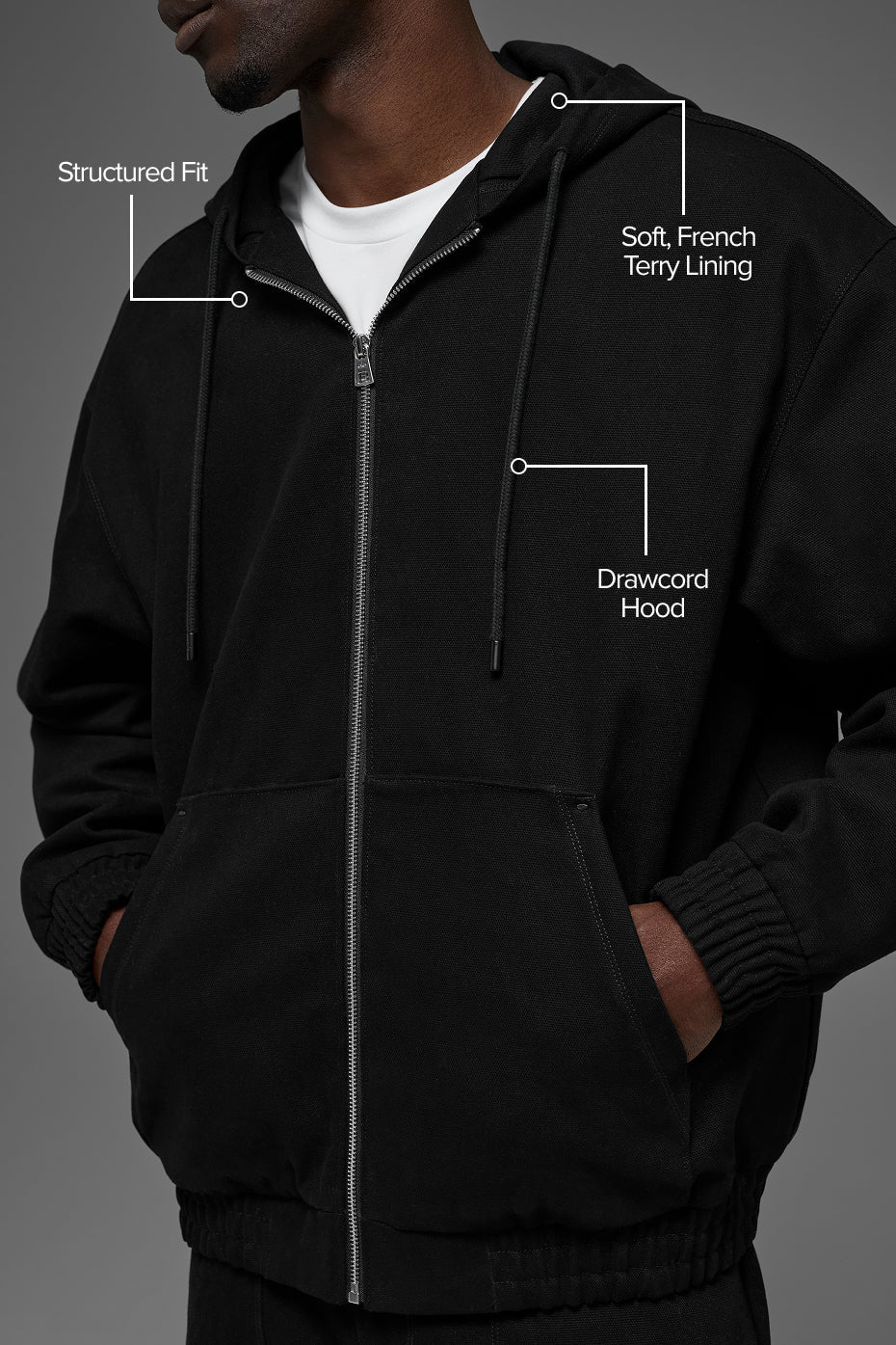 Sweat à capuche entièrement zippé en toile de coton - Noir