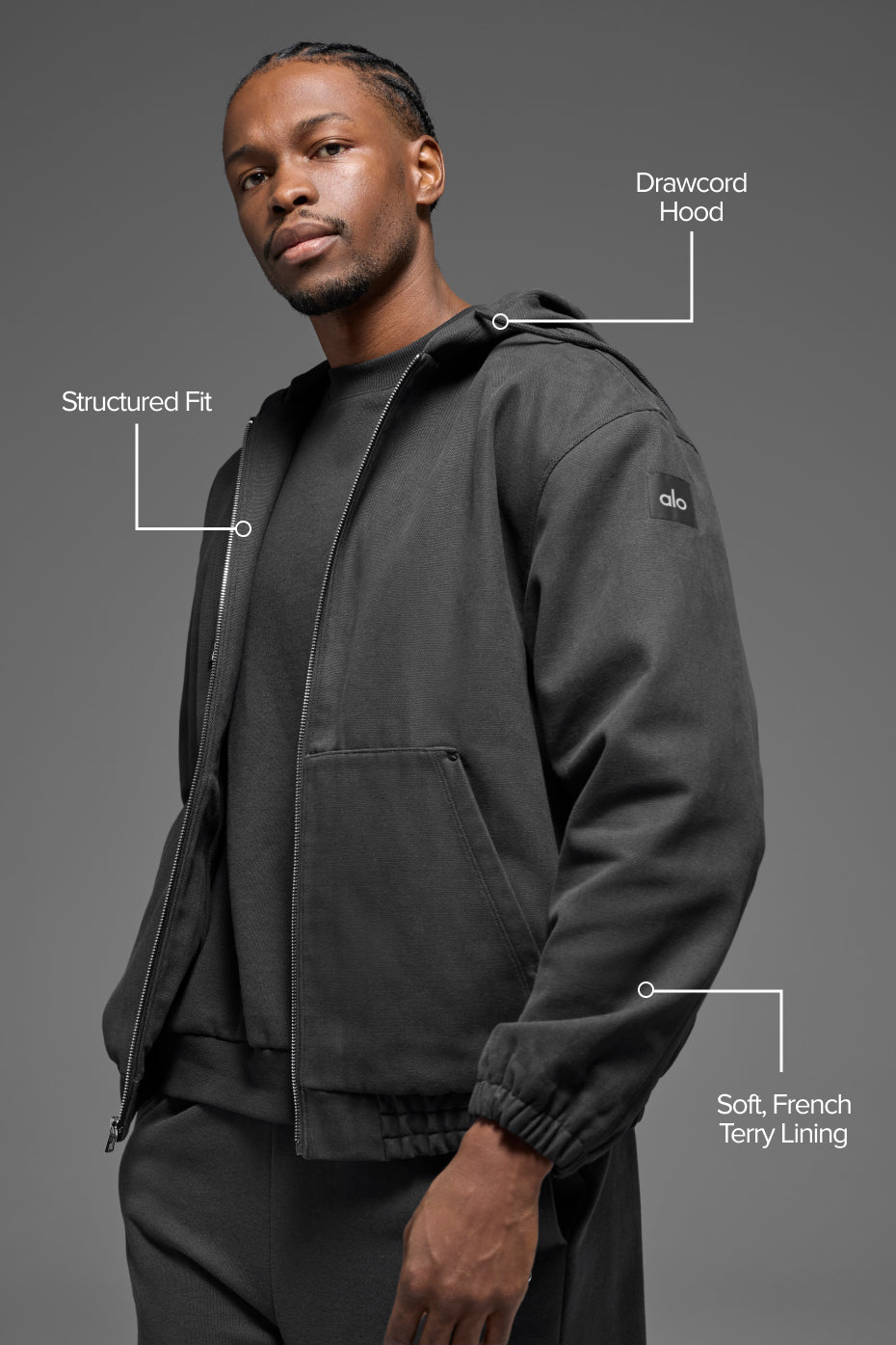 Sweat à capuche entièrement zippé en toile de coton - Anthracite
