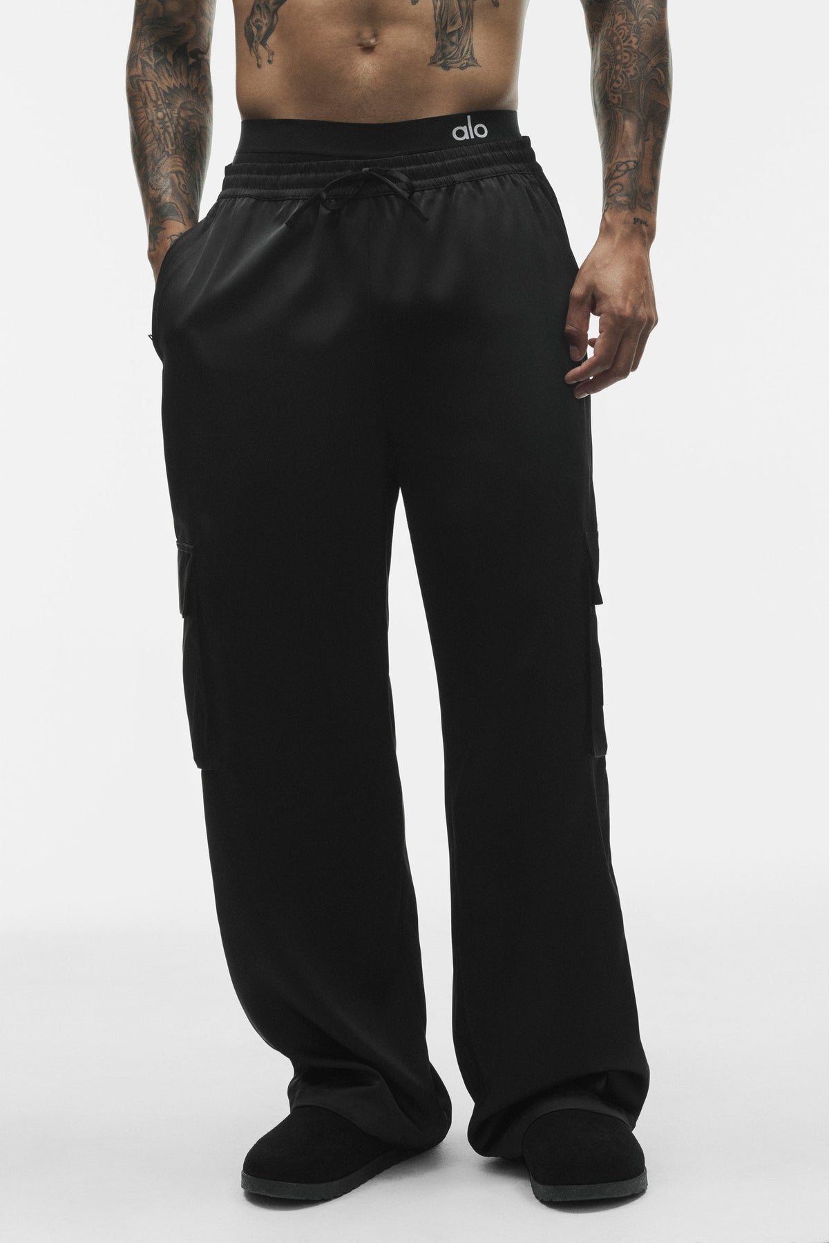 Pantalon cargo droit Horizon en satin - Noir