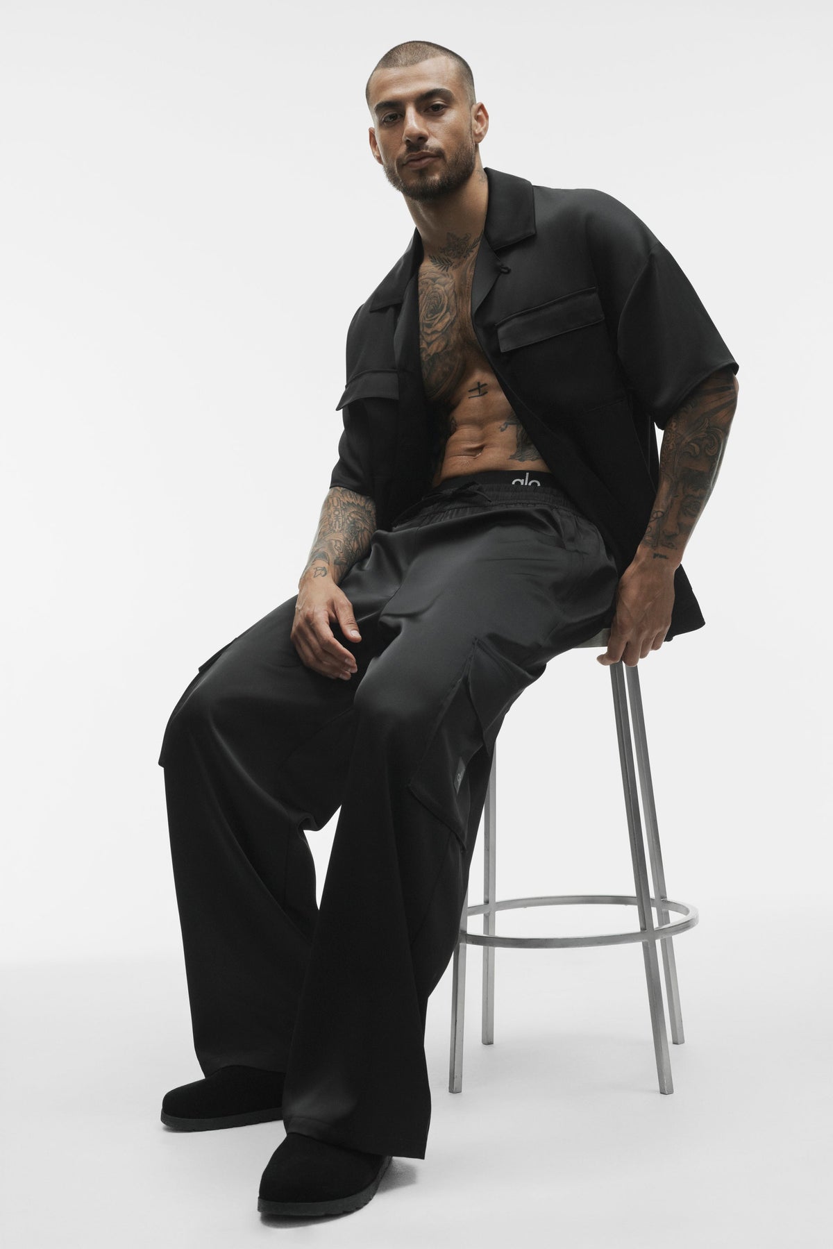 Pantalon cargo droit Horizon en satin - Noir