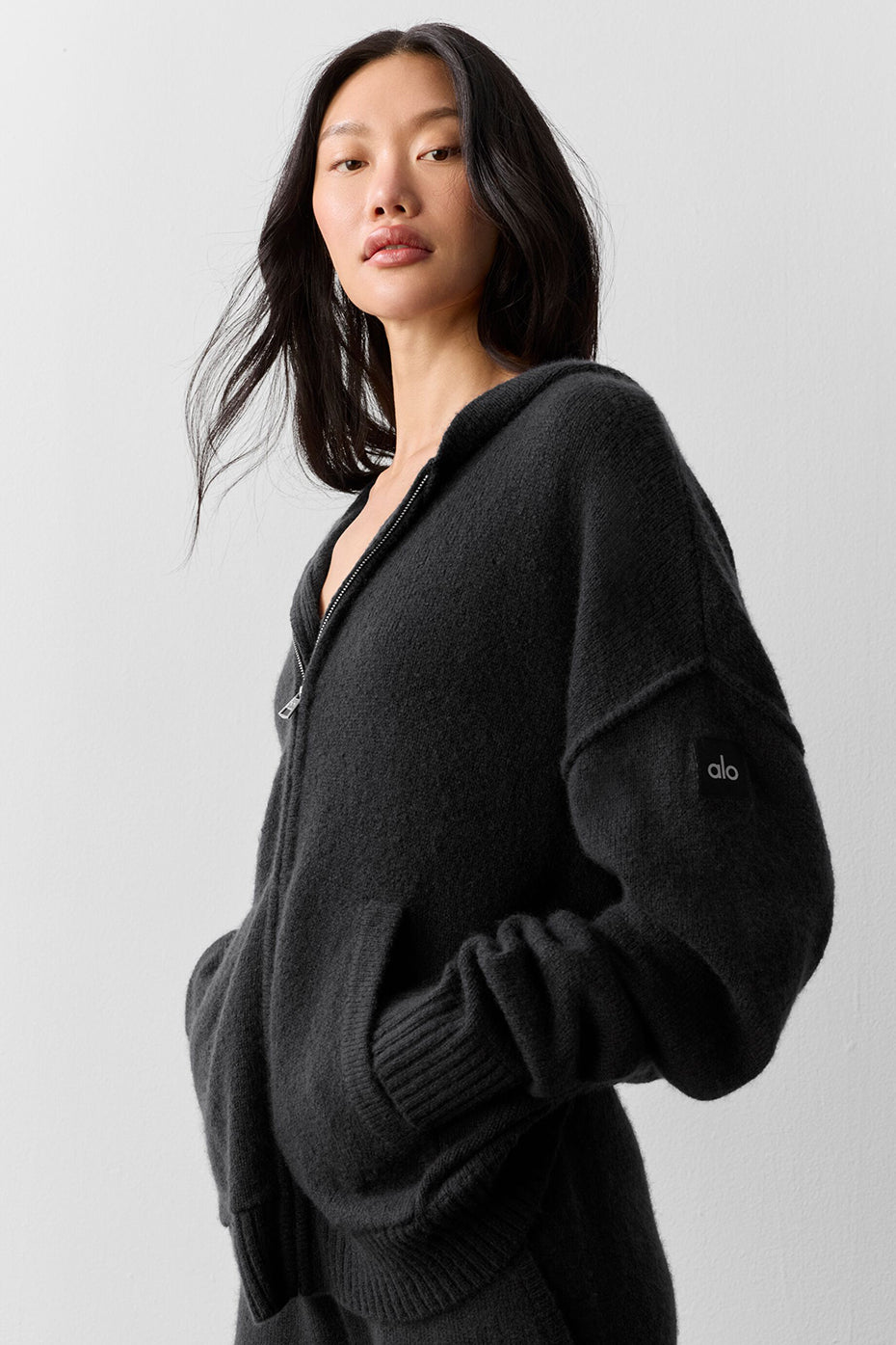 Sweat à capuche entièrement zippé New Class en laine et cachemire - Noir