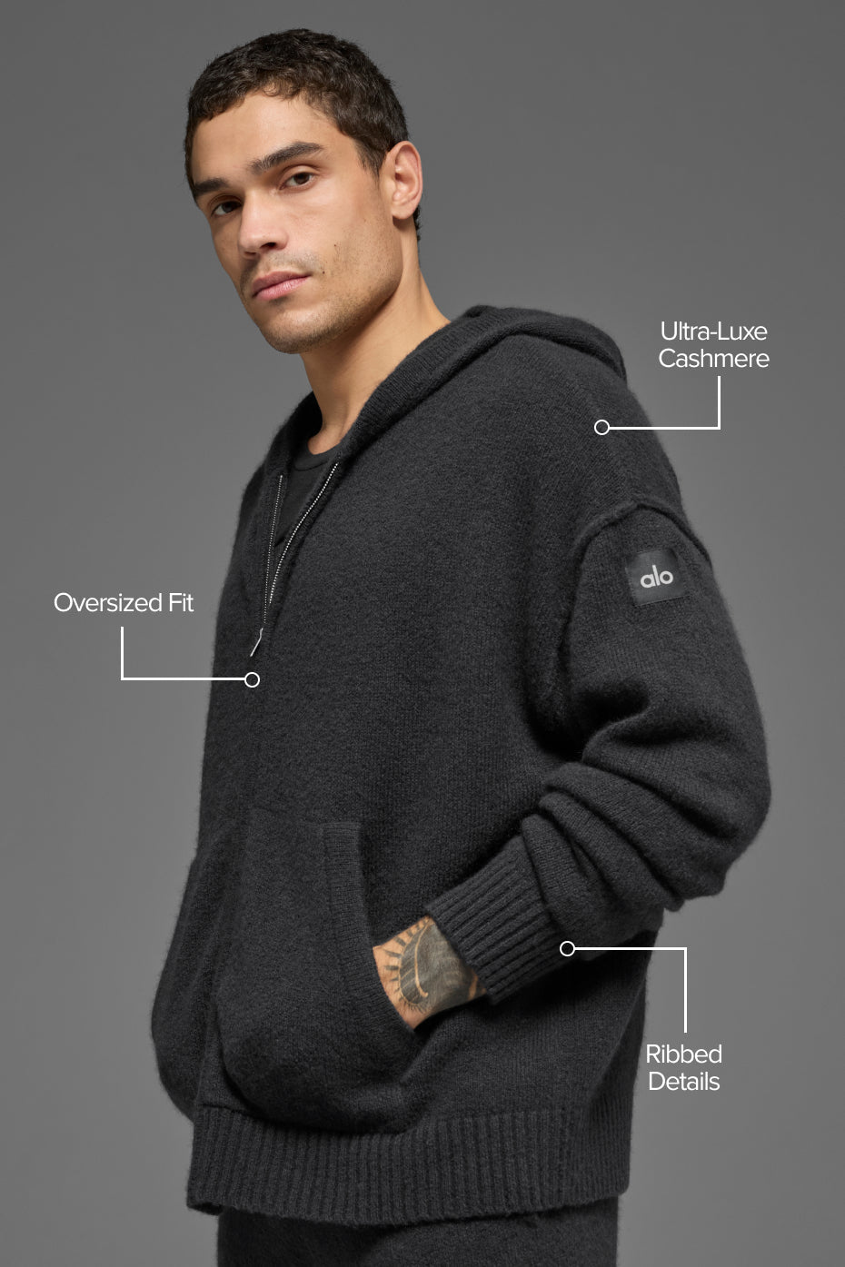 Sweat à capuche entièrement zippé New Class en laine et cachemire - Noir