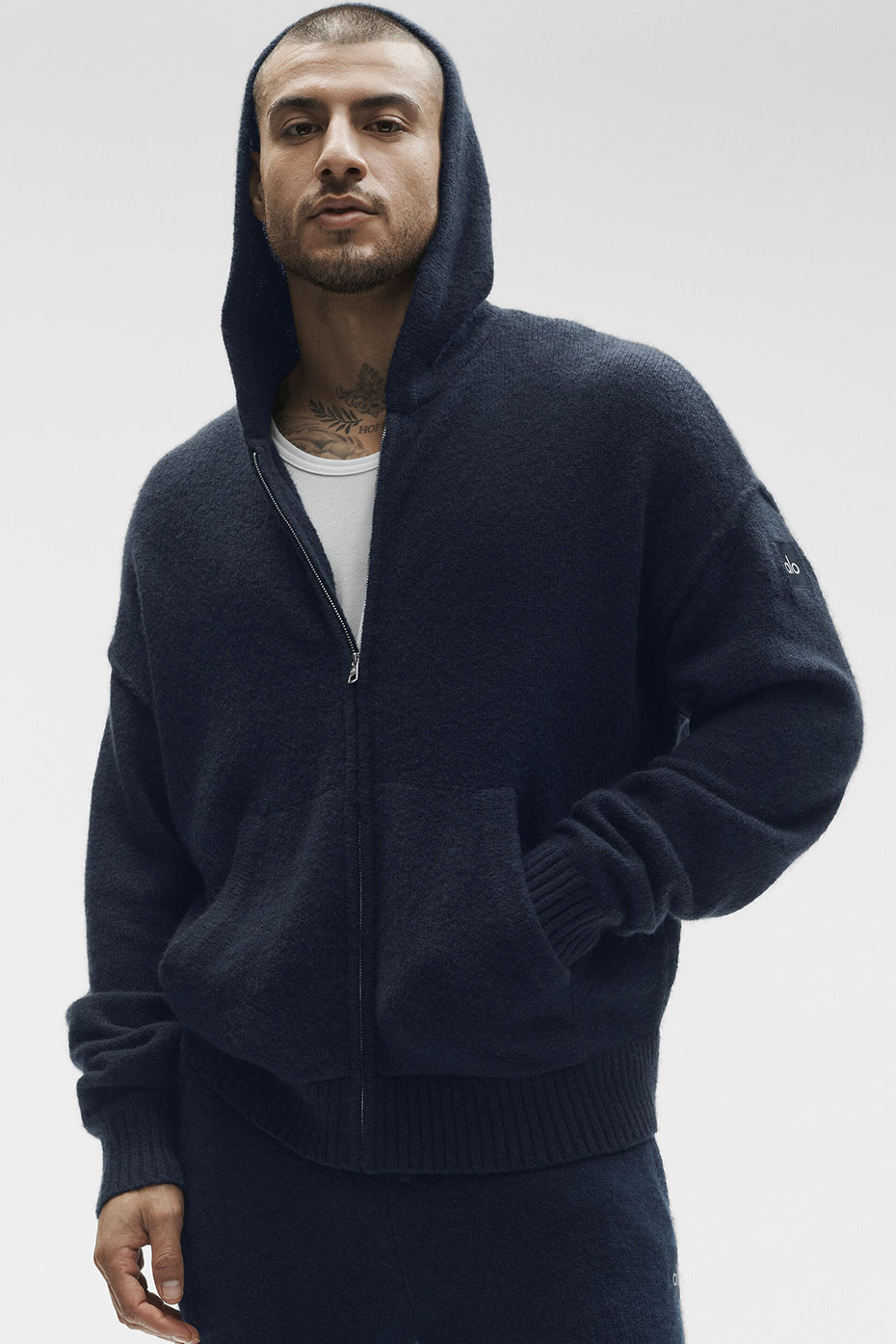 Sweat à capuche entièrement zippé New Class en laine et cachemire - Bleu marine