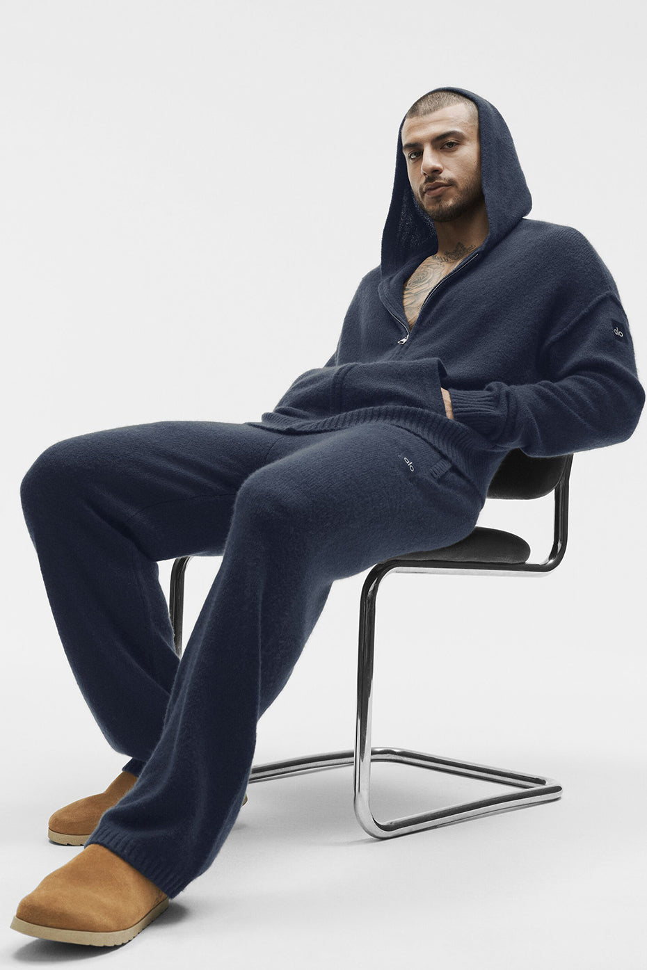 Sweat à capuche entièrement zippé New Class en laine et cachemire - Bleu marine