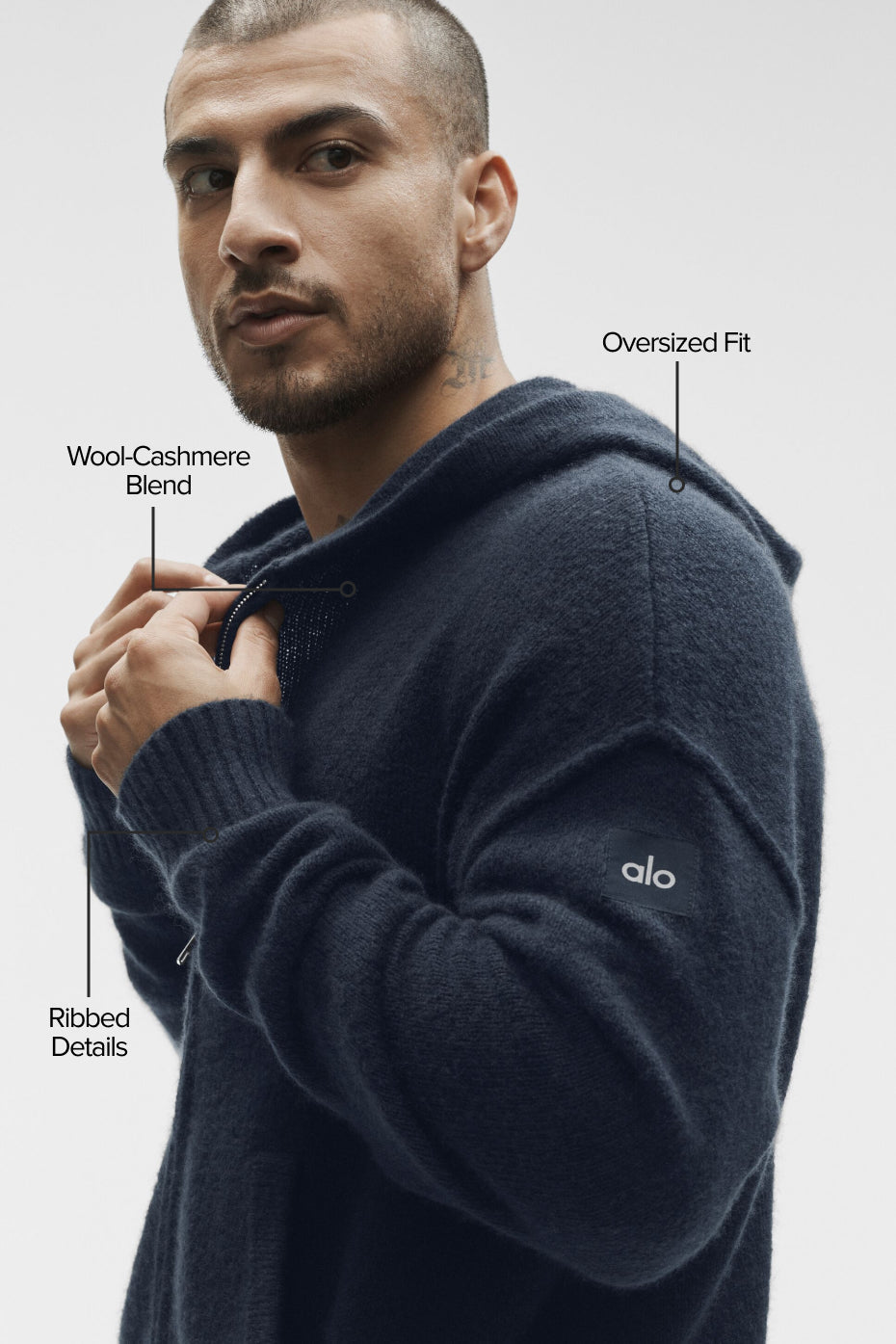 Sweat à capuche entièrement zippé New Class en laine et cachemire - Bleu marine