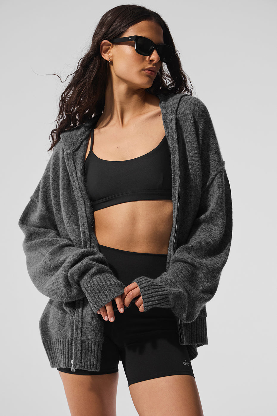 Sweat à capuche entièrement zippé New Class en laine et cachemire - Gris platine