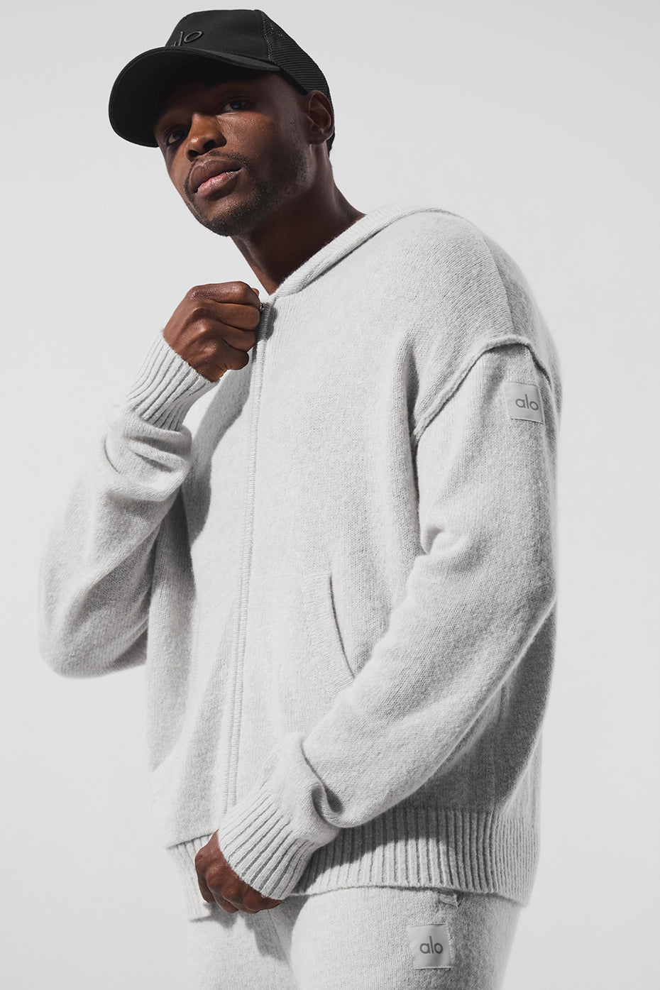 Sweat à capuche entièrement zippé New Class en laine et cachemire - Gris perle chiné