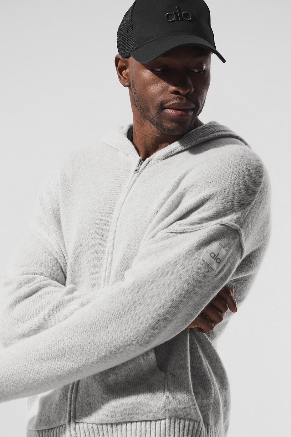 Sweat à capuche entièrement zippé New Class en laine et cachemire - Gris perle chiné