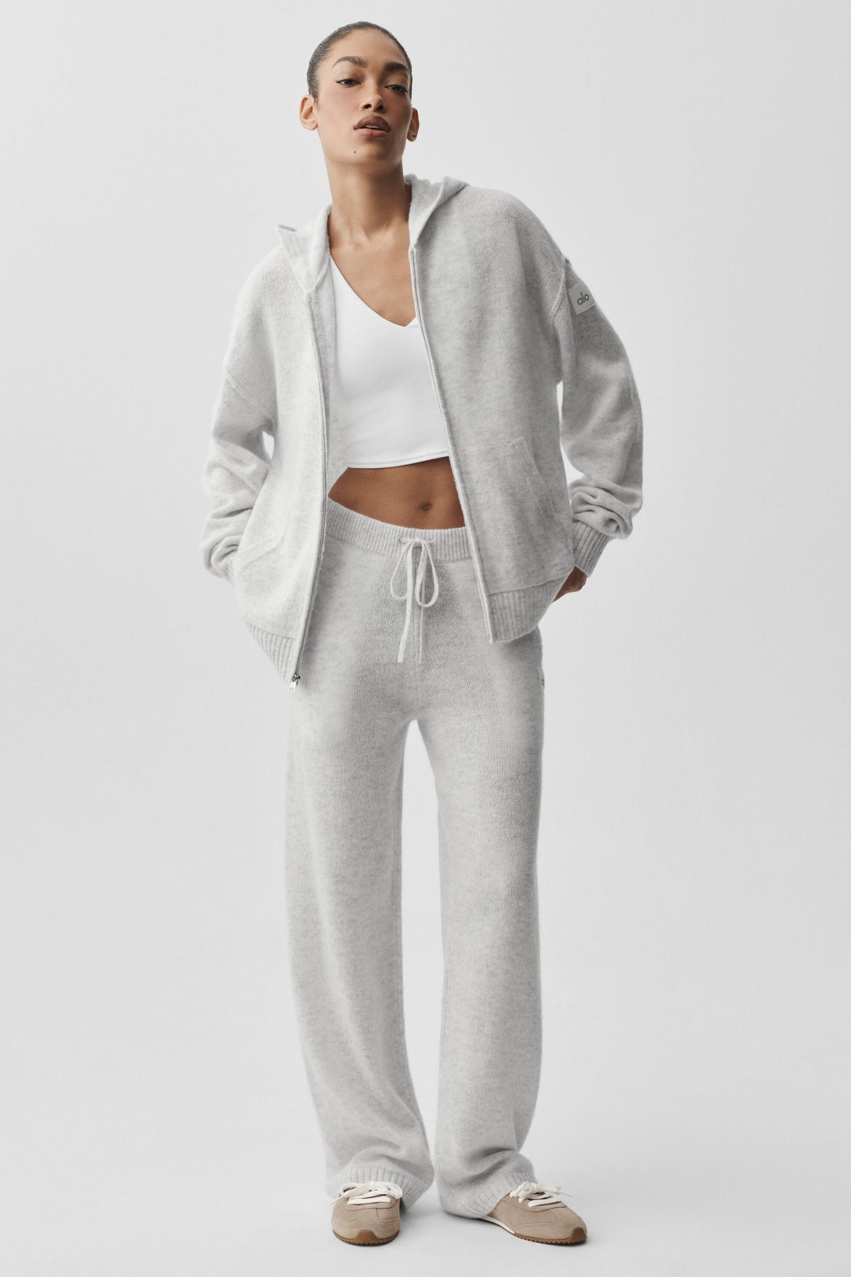 Sweat à capuche entièrement zippé New Class en laine et cachemire - Blanc chiné