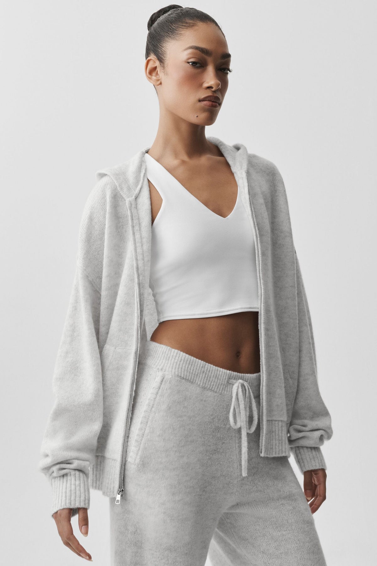 Sweat à capuche entièrement zippé New Class en laine et cachemire - Blanc chiné