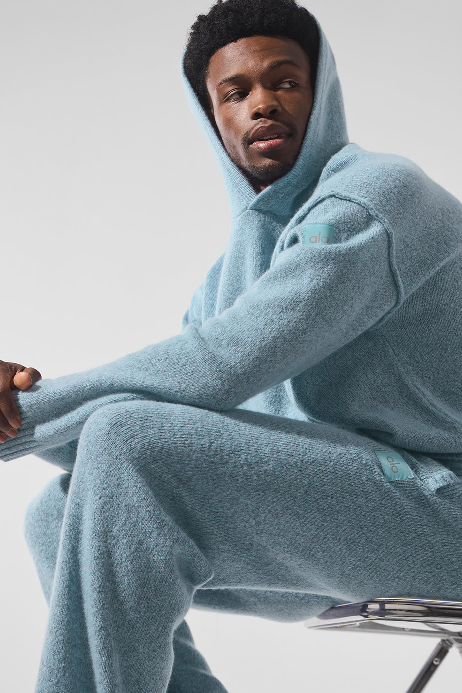 Sweat à capuche New Class en laine et cachemire - Bleu céleste chiné granit