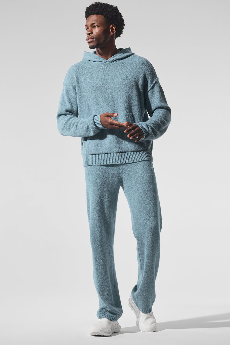 Sweat à capuche New Class en laine et cachemire - Bleu céleste chiné granit
