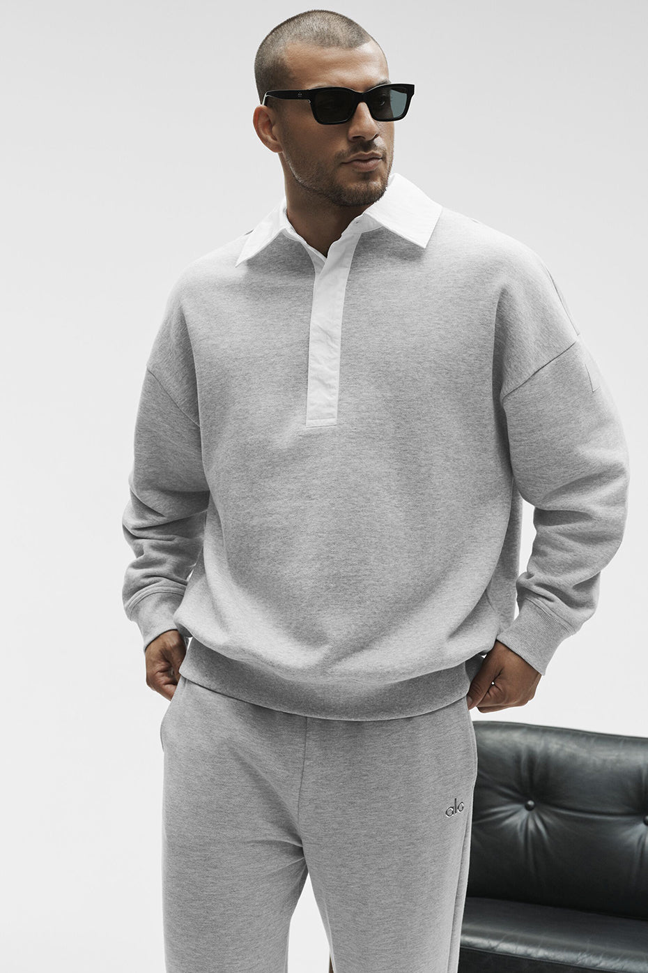 Pull à manches longues et col tunisien Take It Easy - Gris chiné sport/Blanc