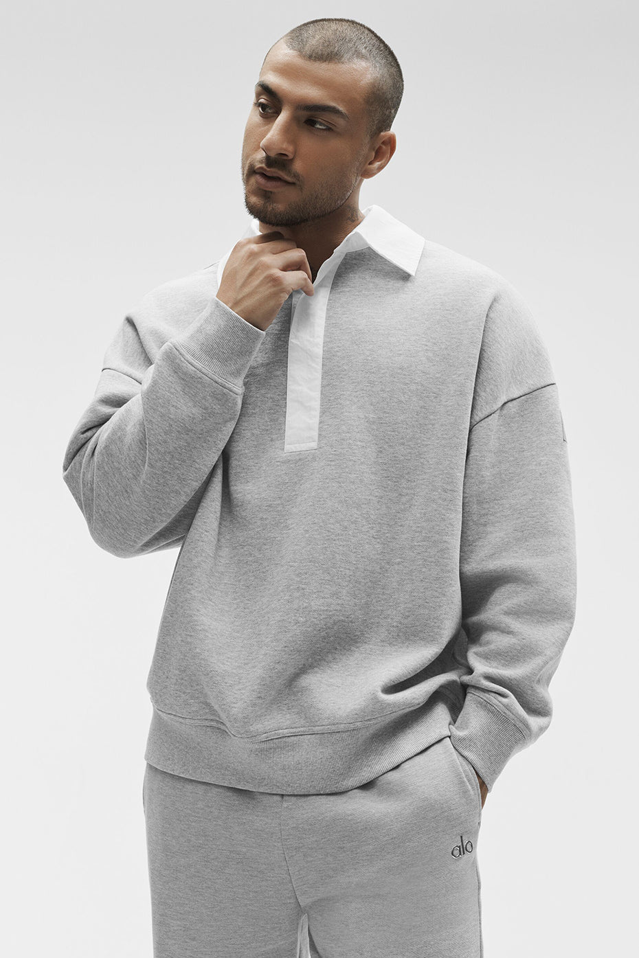 Pull à manches longues et col tunisien Take It Easy - Gris chiné sport/Blanc