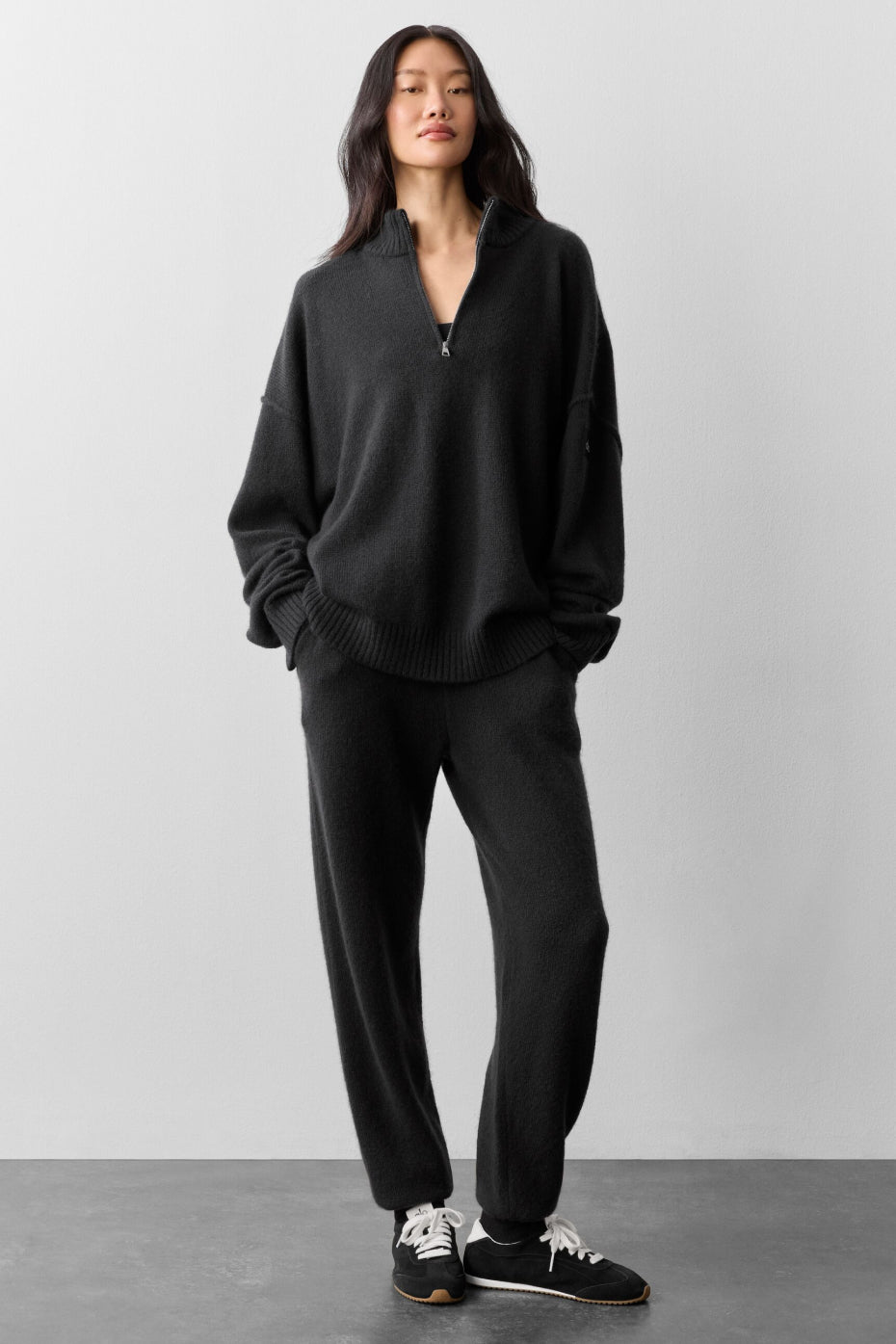 Pull à col zippé 1/4 New Class en laine et cachemire - Noir