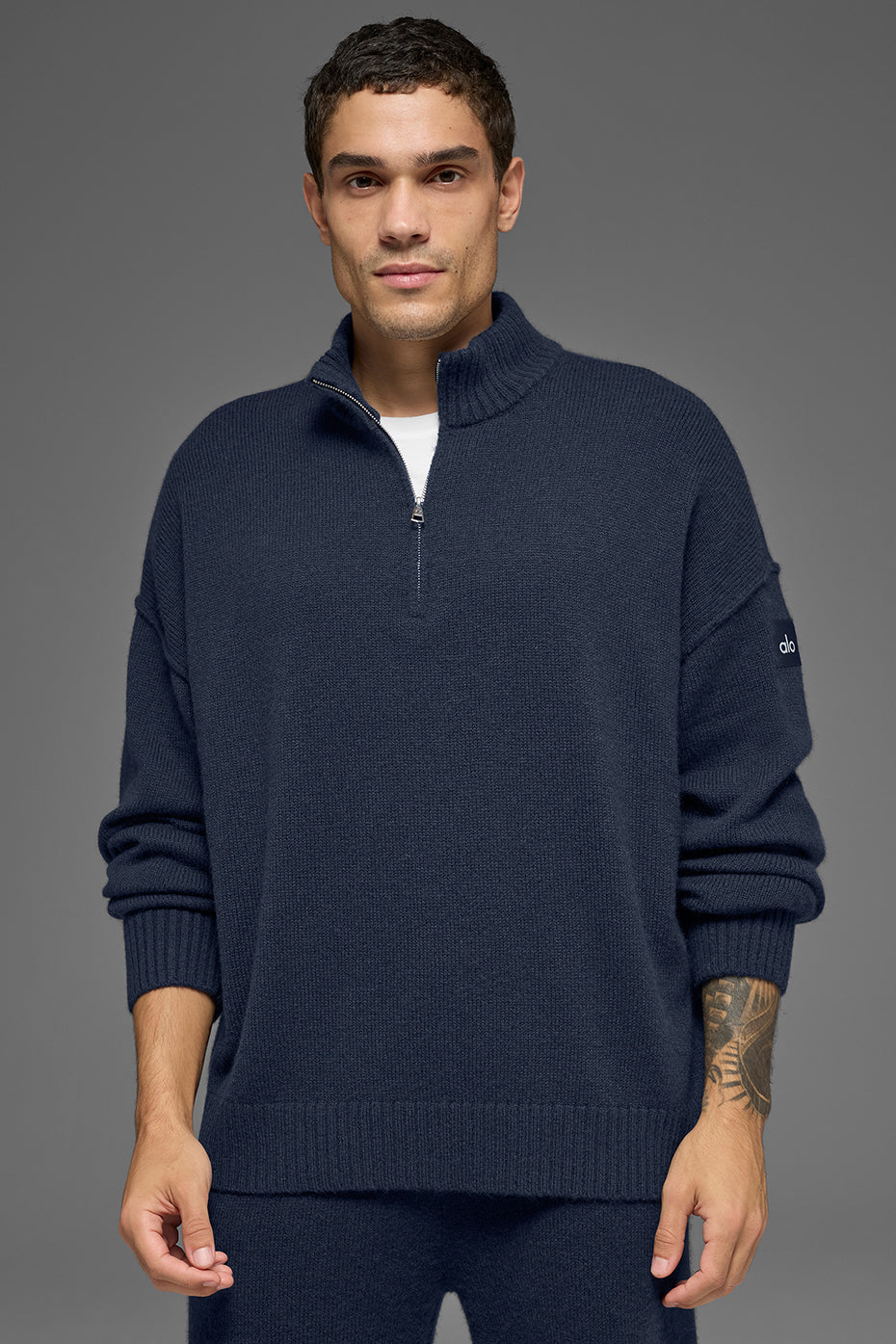 Pull à col zippé 1/4 New Class en laine et cachemire - Bleu marine