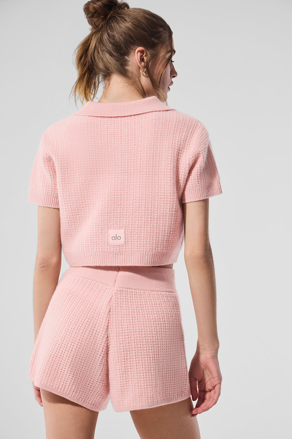T-shirt polo en cachemire gaufré douillet - Quartz rose
