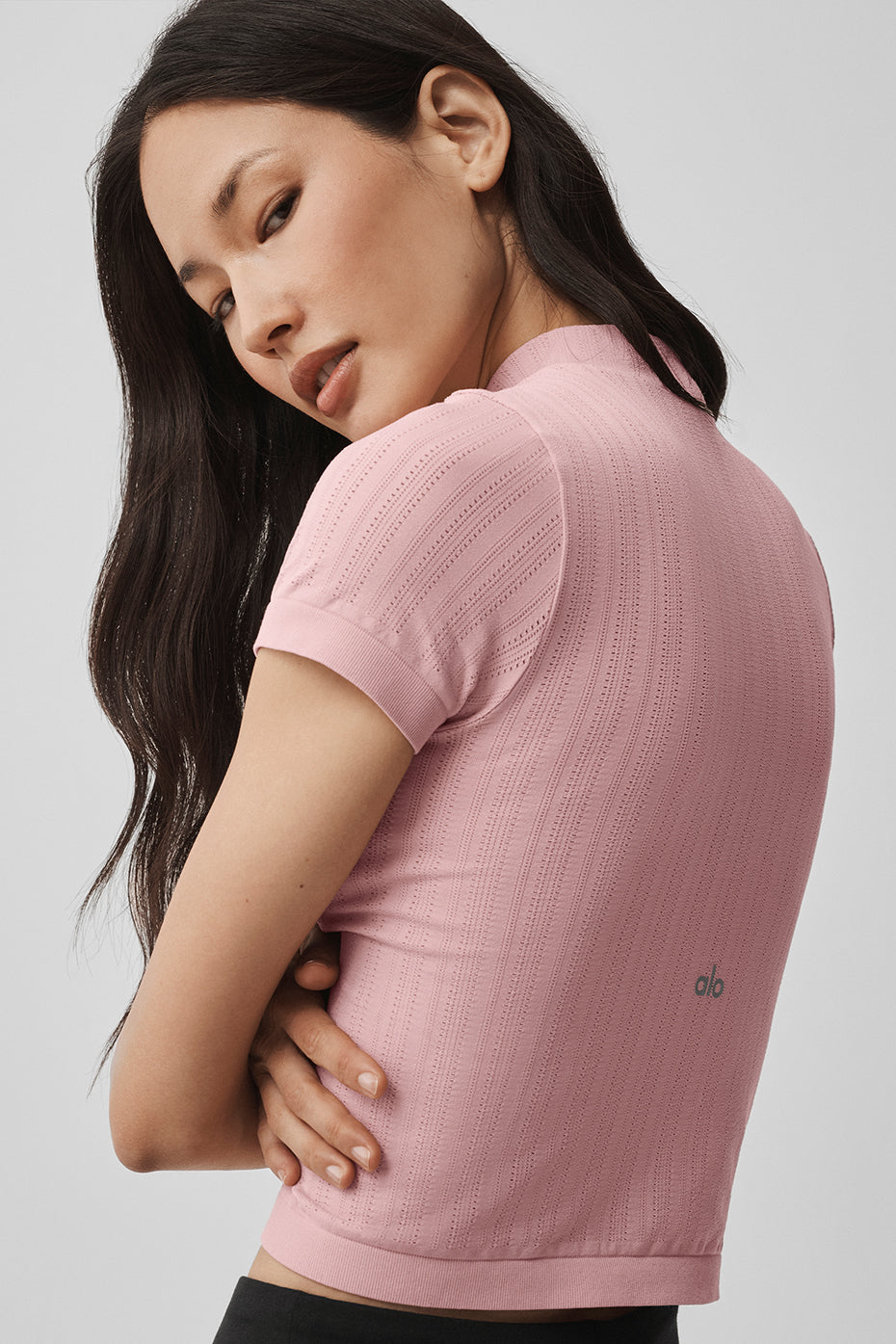 Haut à manches courtes et col montant en maille pointelle sans coutures - Rose vintage