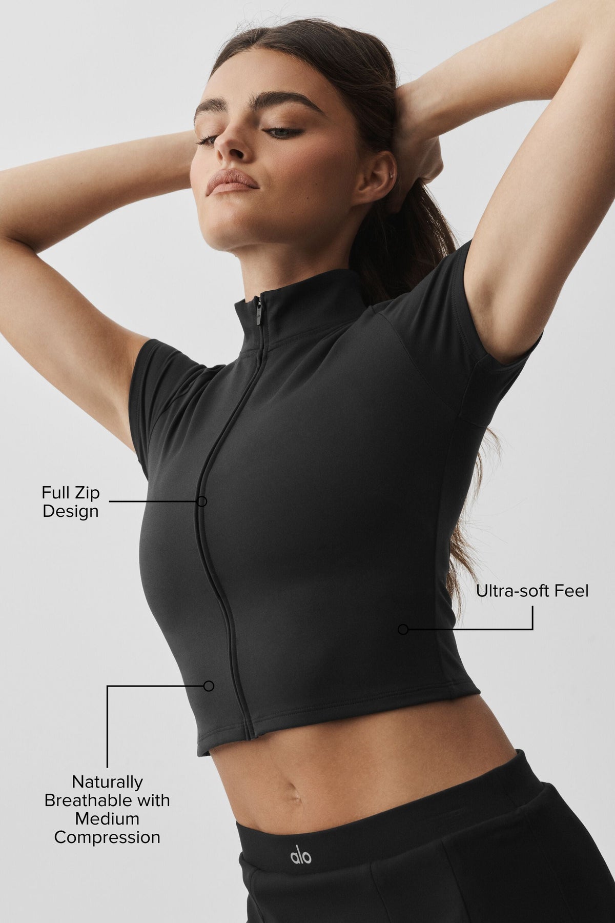 Haut à manches courtes entièrement zippé ALO Softsculpt - Noir