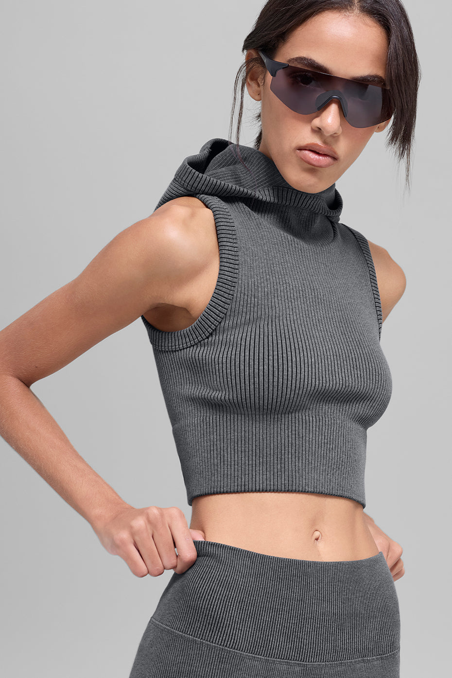 Gilet à capuche bicolore côtelé sans coutures - Gris brume foncé chiné