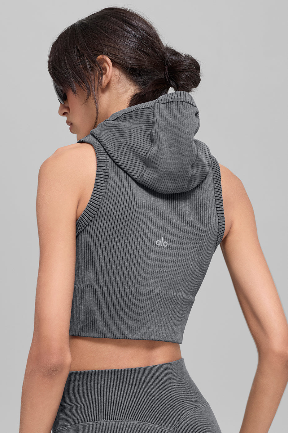Gilet à capuche bicolore côtelé sans coutures - Gris brume foncé chiné