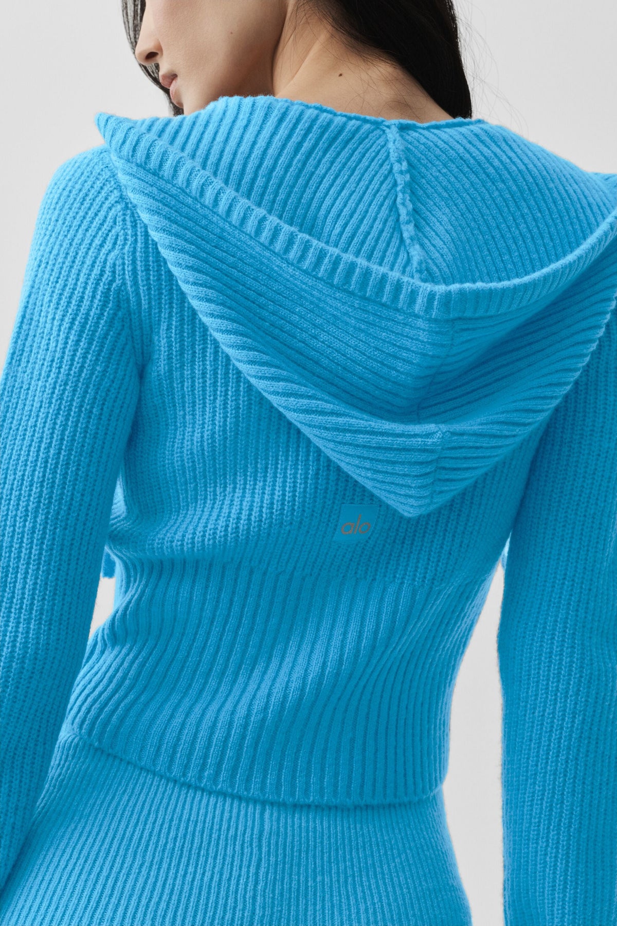 Sweat à capuche entièrement zippé Noble côtelé en laine et cachemire - Bleu azur