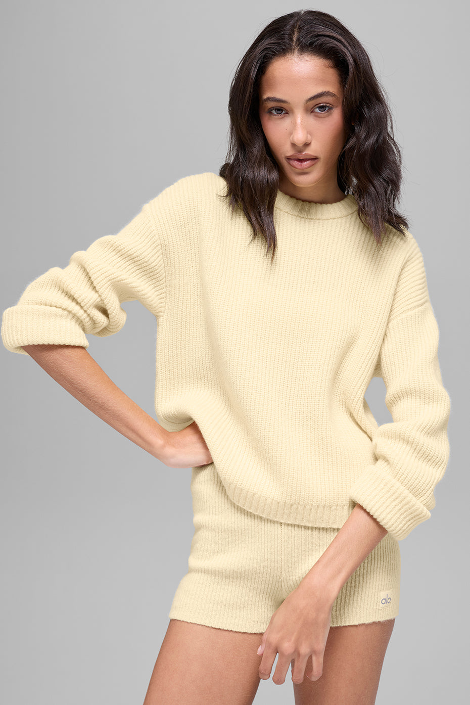 Pull à col rond Noble côtelé en laine et cachemire - Jaune bougie