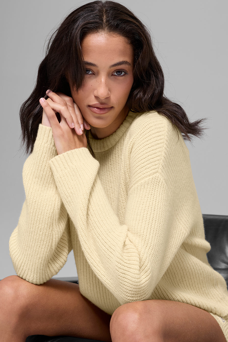Pull à col rond Noble côtelé en laine et cachemire - Jaune bougie