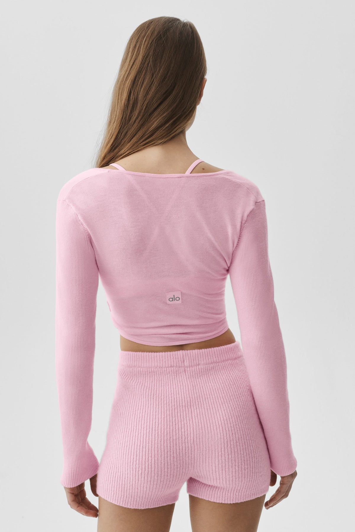 Haut croisé à manches longues en maille - Rose guimauve