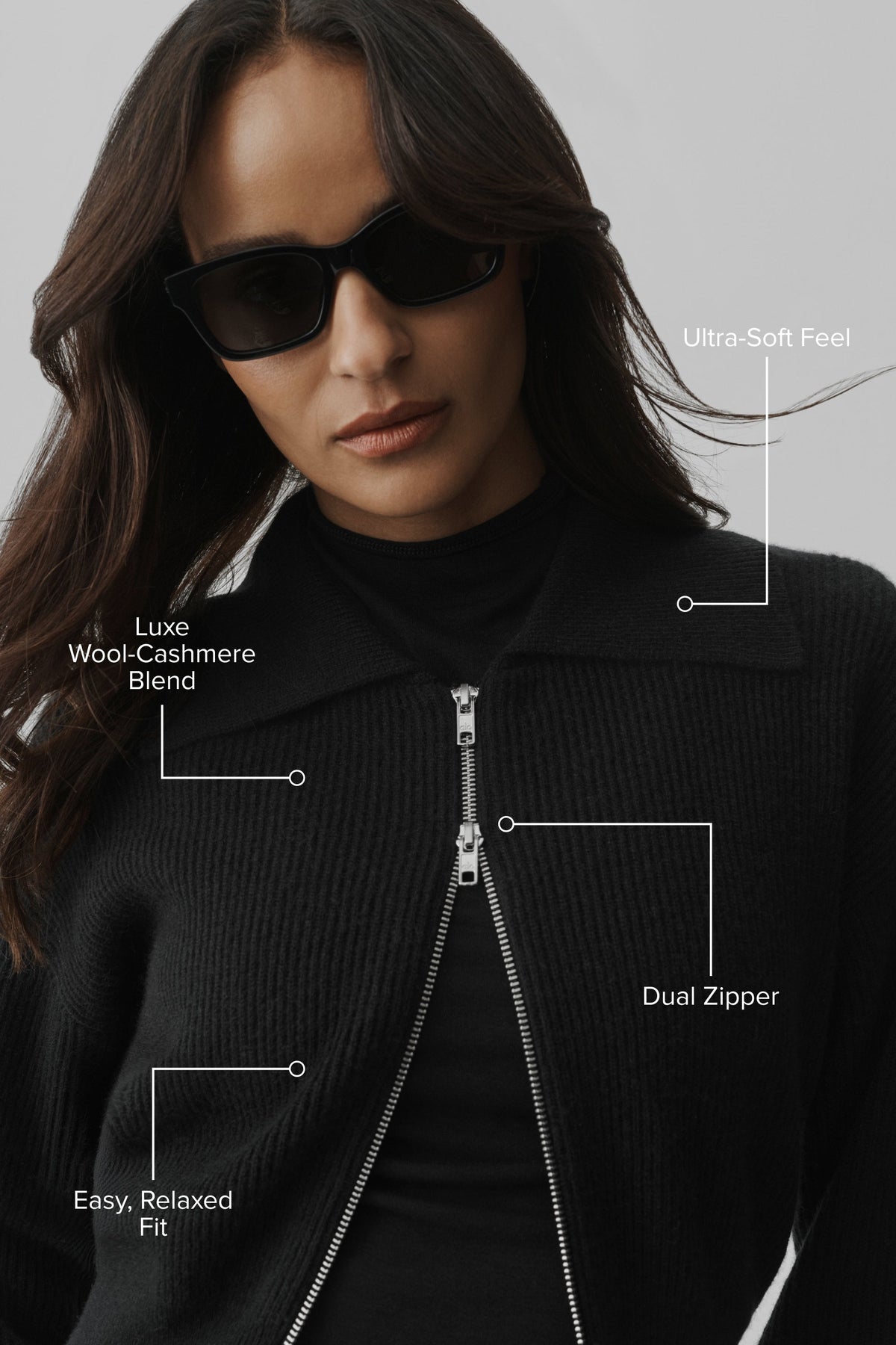 Veste entièrement zippée Harmony en cachemire et laine - Noir