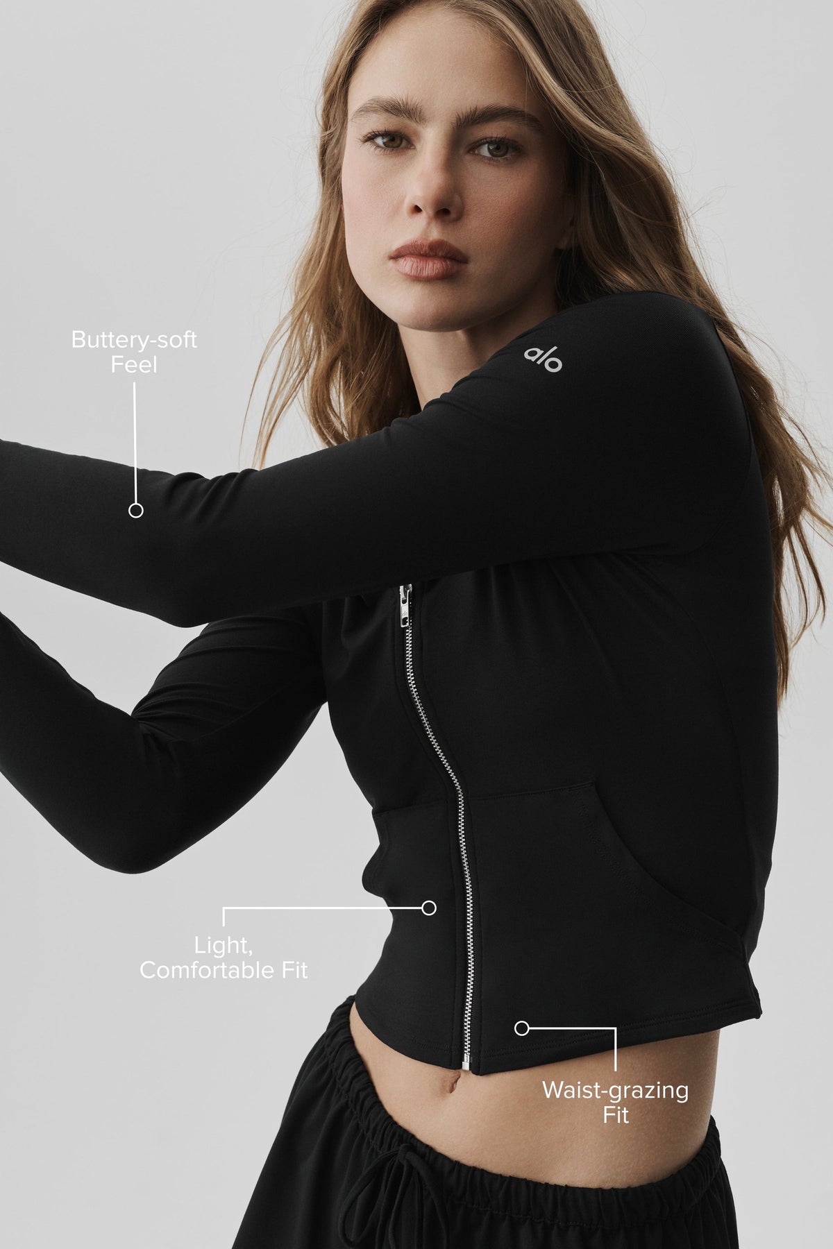 Sweat ajusté à capuche entièrement zippé Alosoft Finesse - Noir