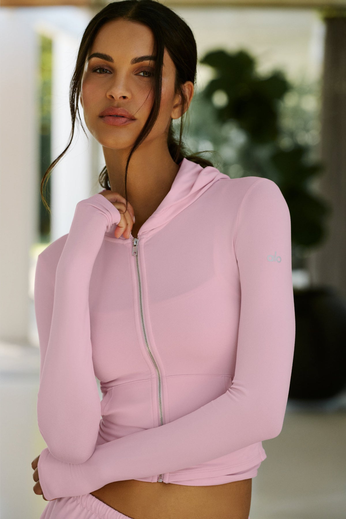 Sweat ajusté à capuche entièrement zippé Alosoft Finesse - Rose guimauve