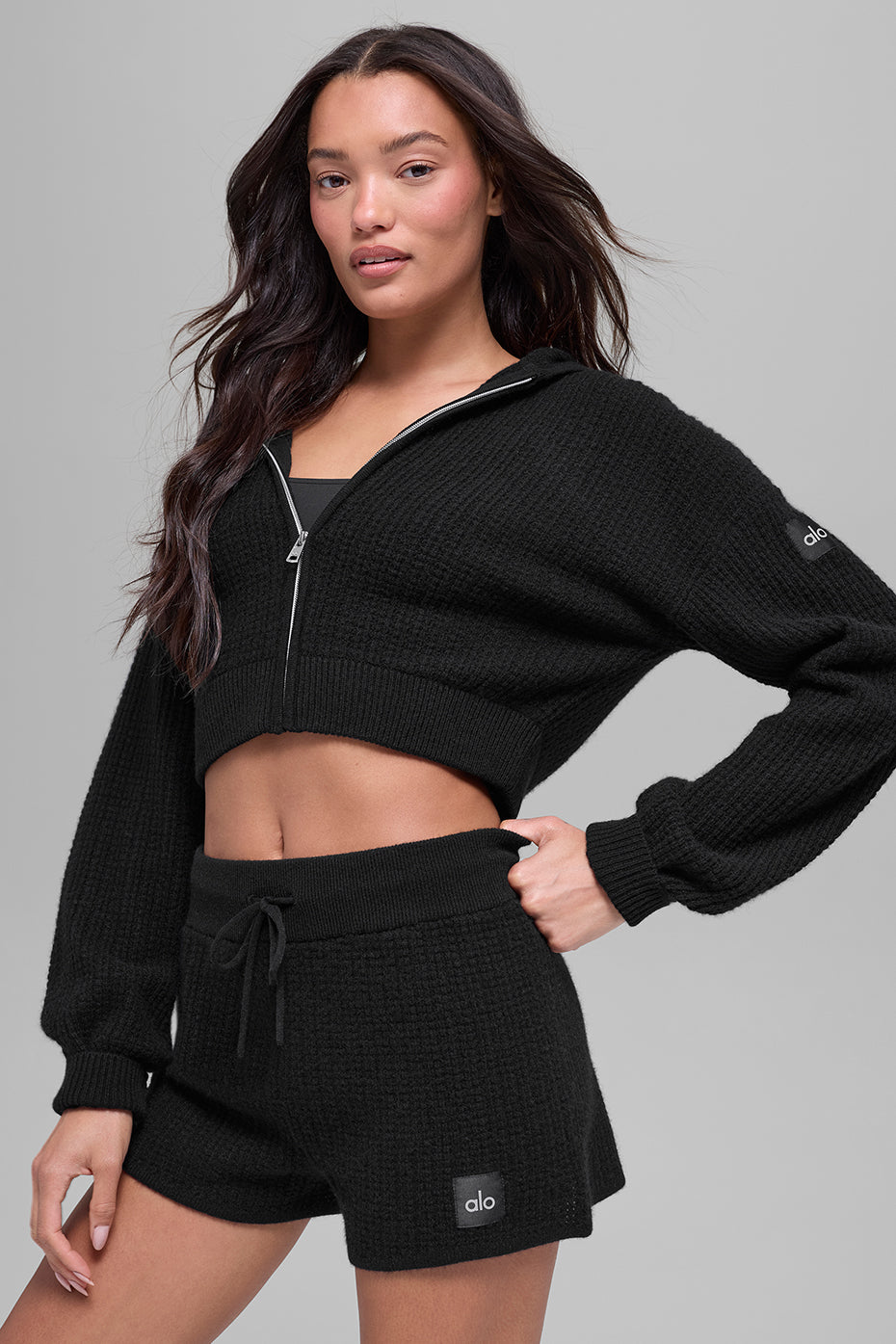 Sweat à capuche entièrement zippé en cachemire gaufré douillet - Noir